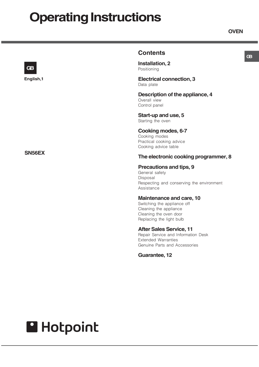 Hotpoint SN56EX operating instructions Operating Instructions, Contents 