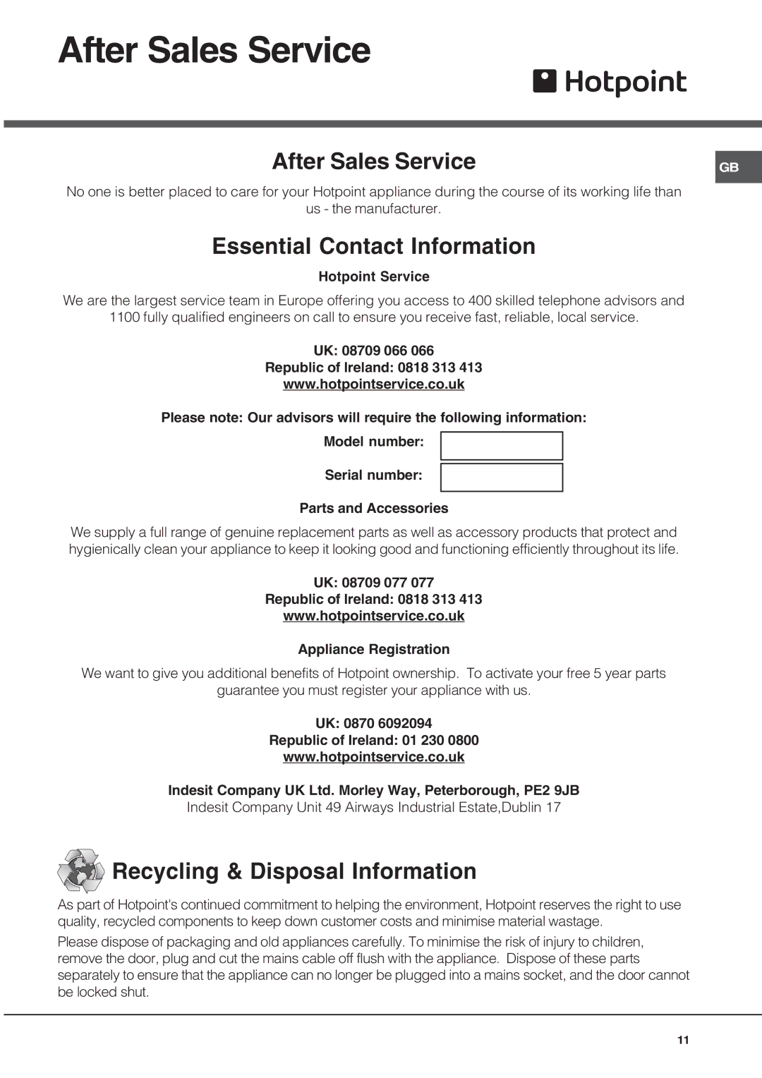 Hotpoint SN56EX operating instructions After Sales Service 