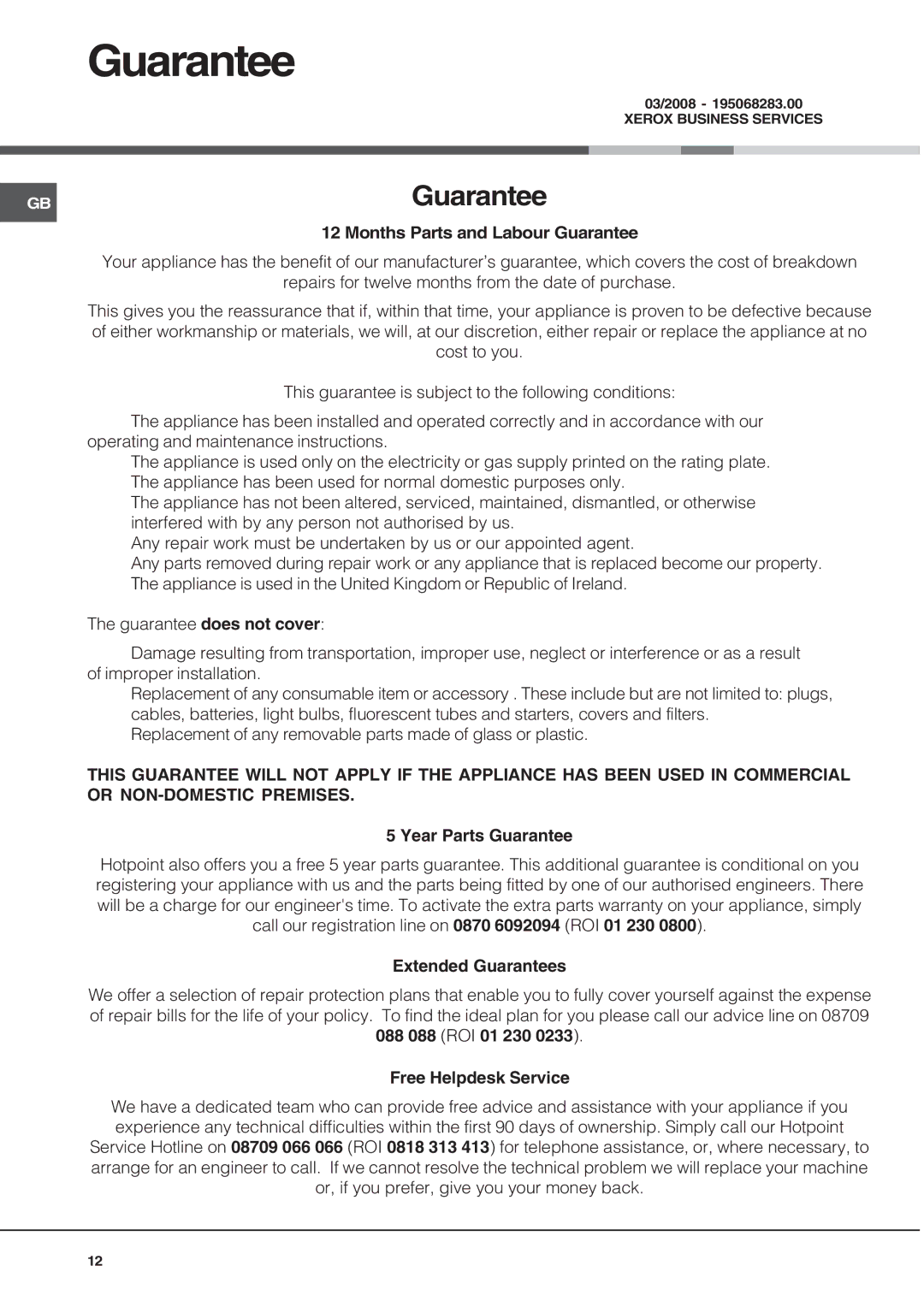 Hotpoint SN56EX operating instructions GBGuarantee 