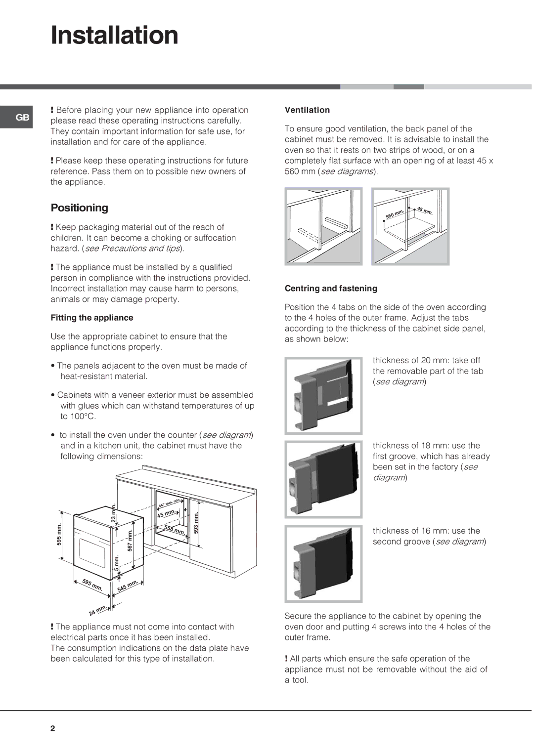 Hotpoint SN56EX operating instructions Installation, Positioning 