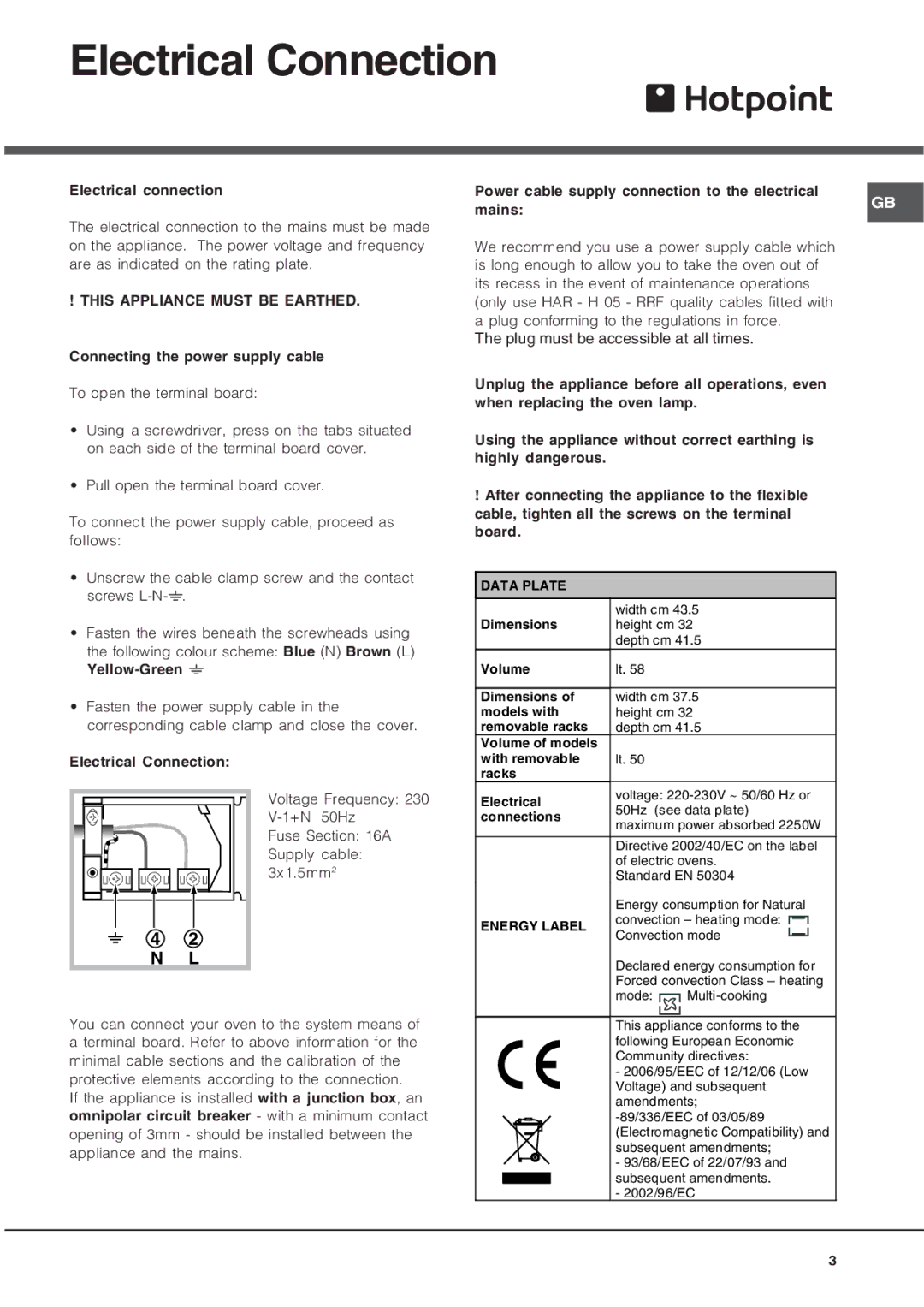 Hotpoint SN56EX operating instructions Electrical Connection, This Appliance Must be Earthed 