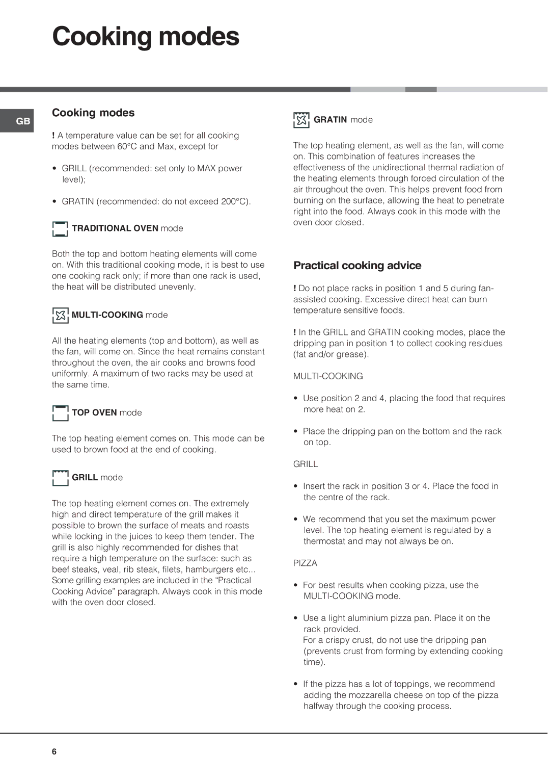 Hotpoint SN56EX operating instructions Cooking modes, Practical cooking advice 