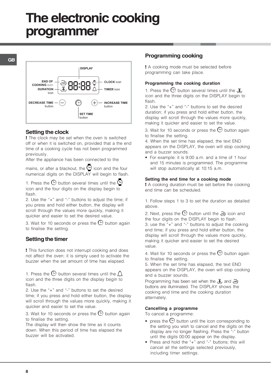 Hotpoint SN56EX Electronic cooking programmer, Setting the clock, Setting the timer, Programming cooking 