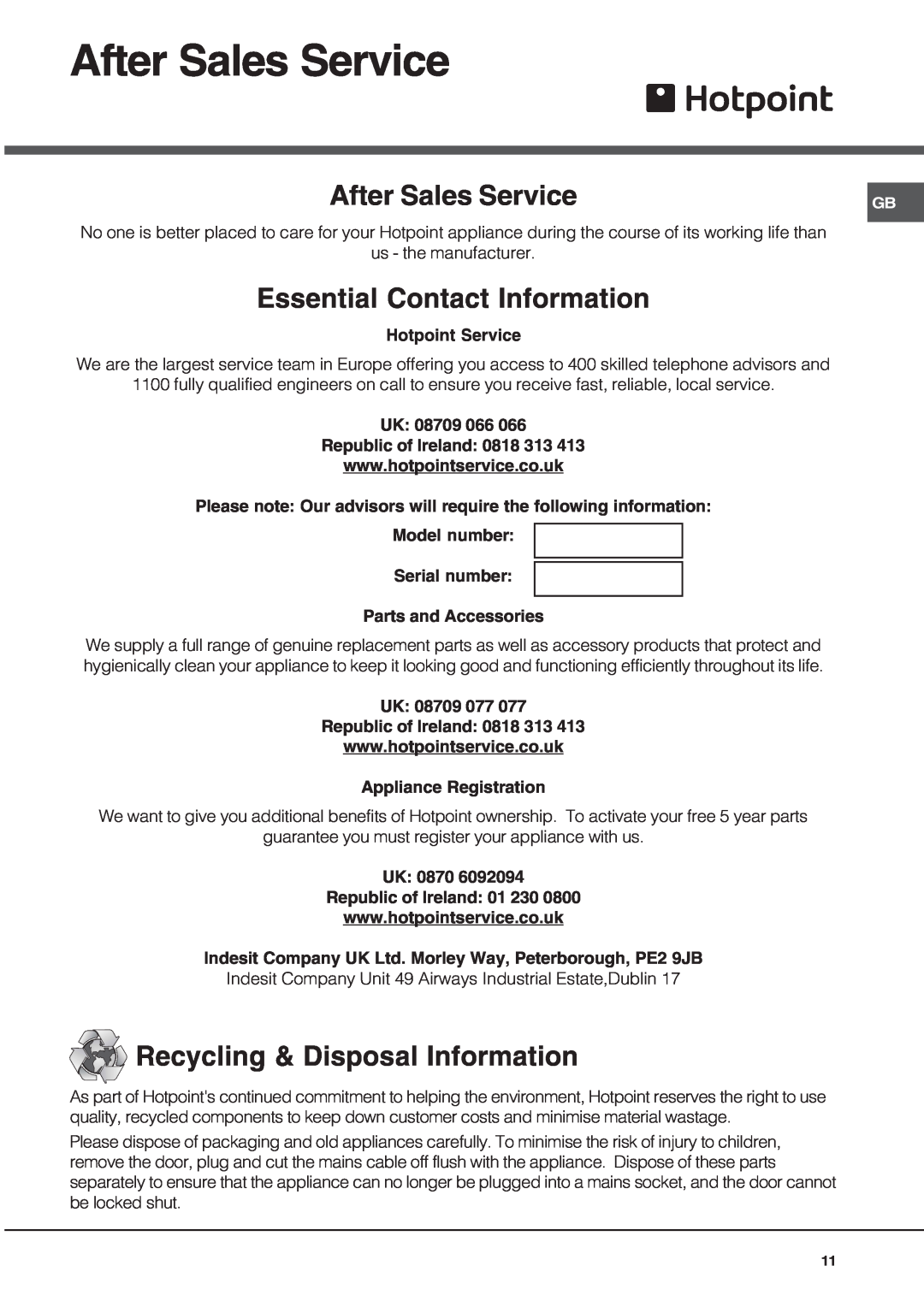 Hotpoint SN56EX operating instructions After Sales Service, Essential Contact Information, Recycling & Disposal Information 