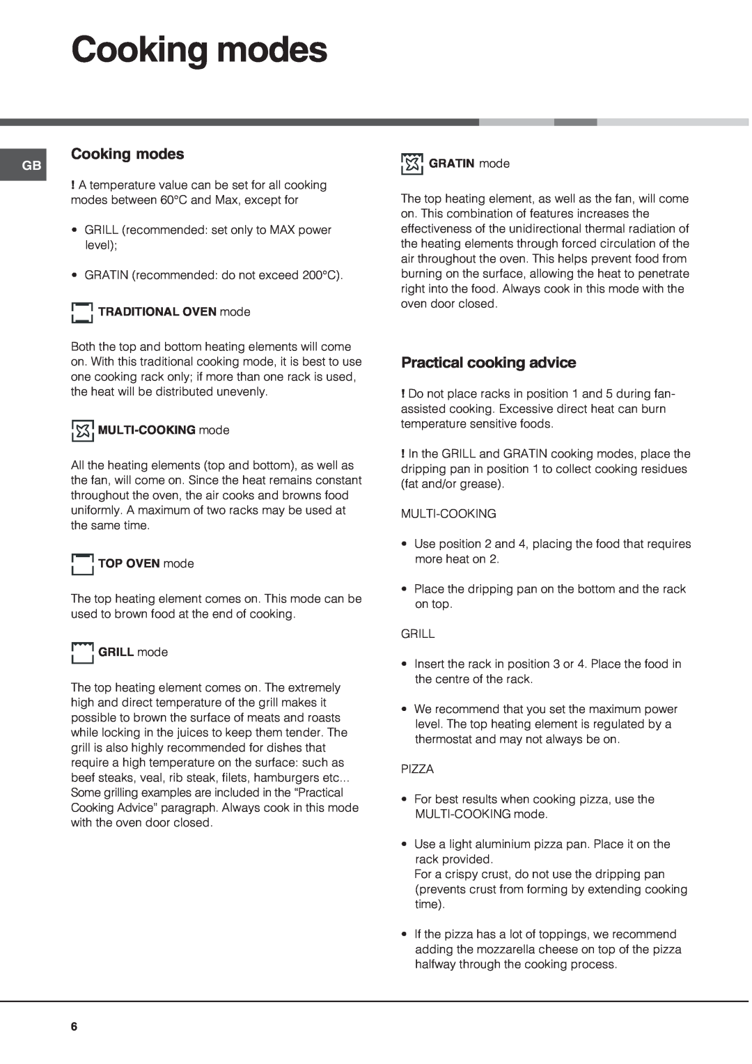Hotpoint SN56EX operating instructions Cooking modes, Practical cooking advice 