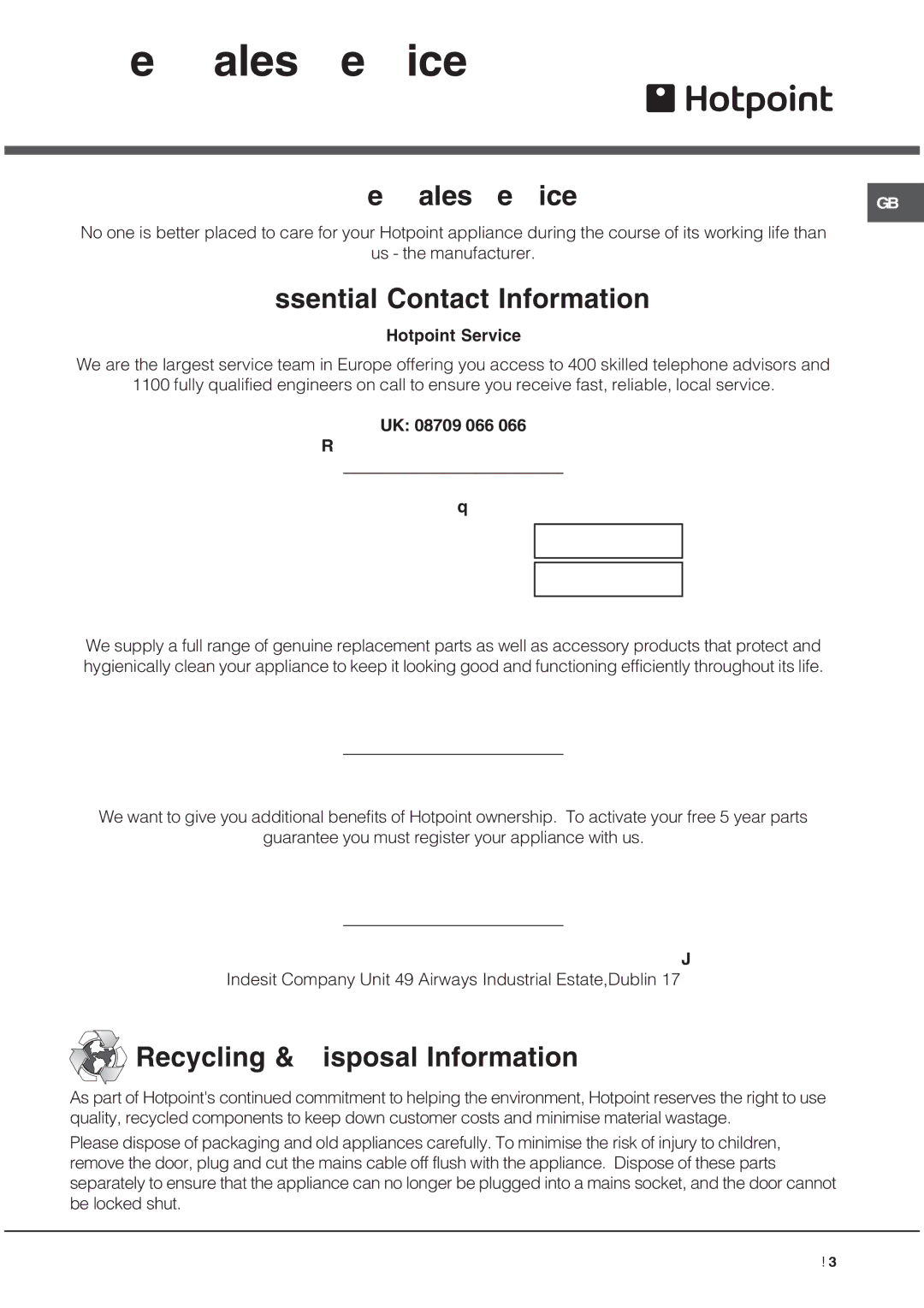 Hotpoint SE102PX, SQ102PI manual After Sales Service 