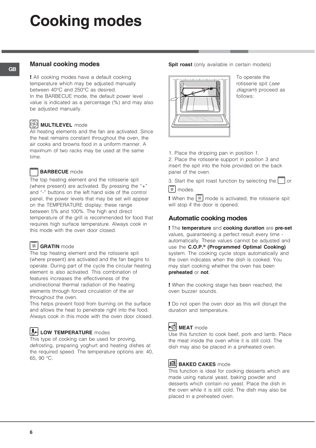 Hotpoint SQ102PI, SE102PX manual Cooking modes, Manual cooking modes, Automatic cooking modes 