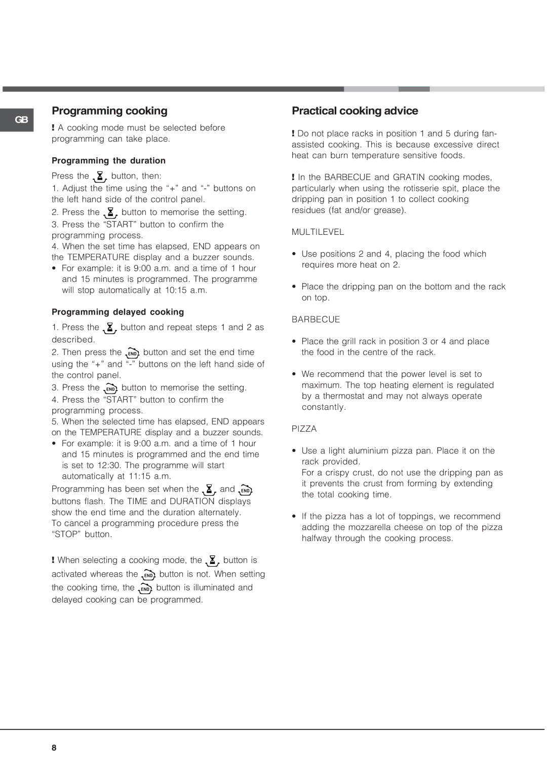 Hotpoint SQ102PI, SE102PX manual Programming cooking, Practical cooking advice 