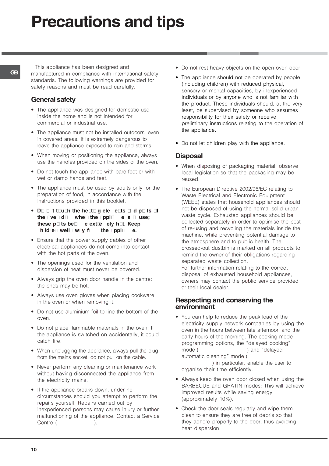 Hotpoint SQ103PGI, SE103PGX manual Precautions and tips, General safety, Disposal, Respecting and conserving the environment 