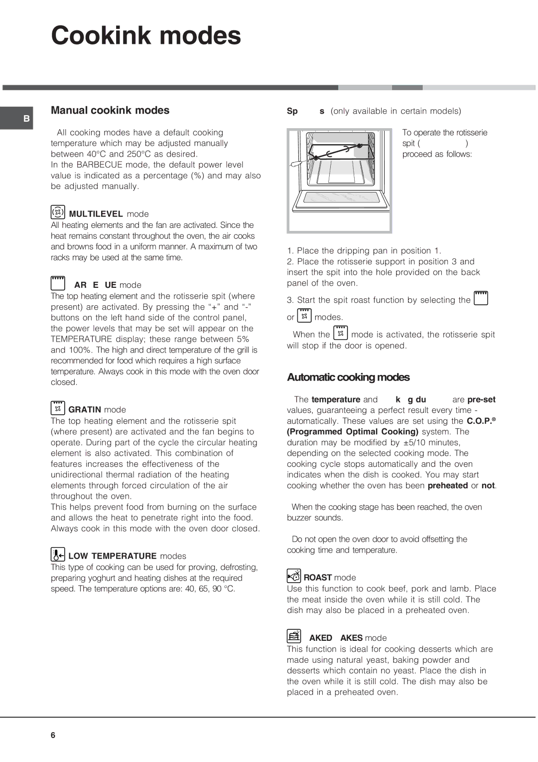 Hotpoint SQ103PGI, SE103PGX manual Cooking modes, Manual cooking modes, Automatic cooking modes 