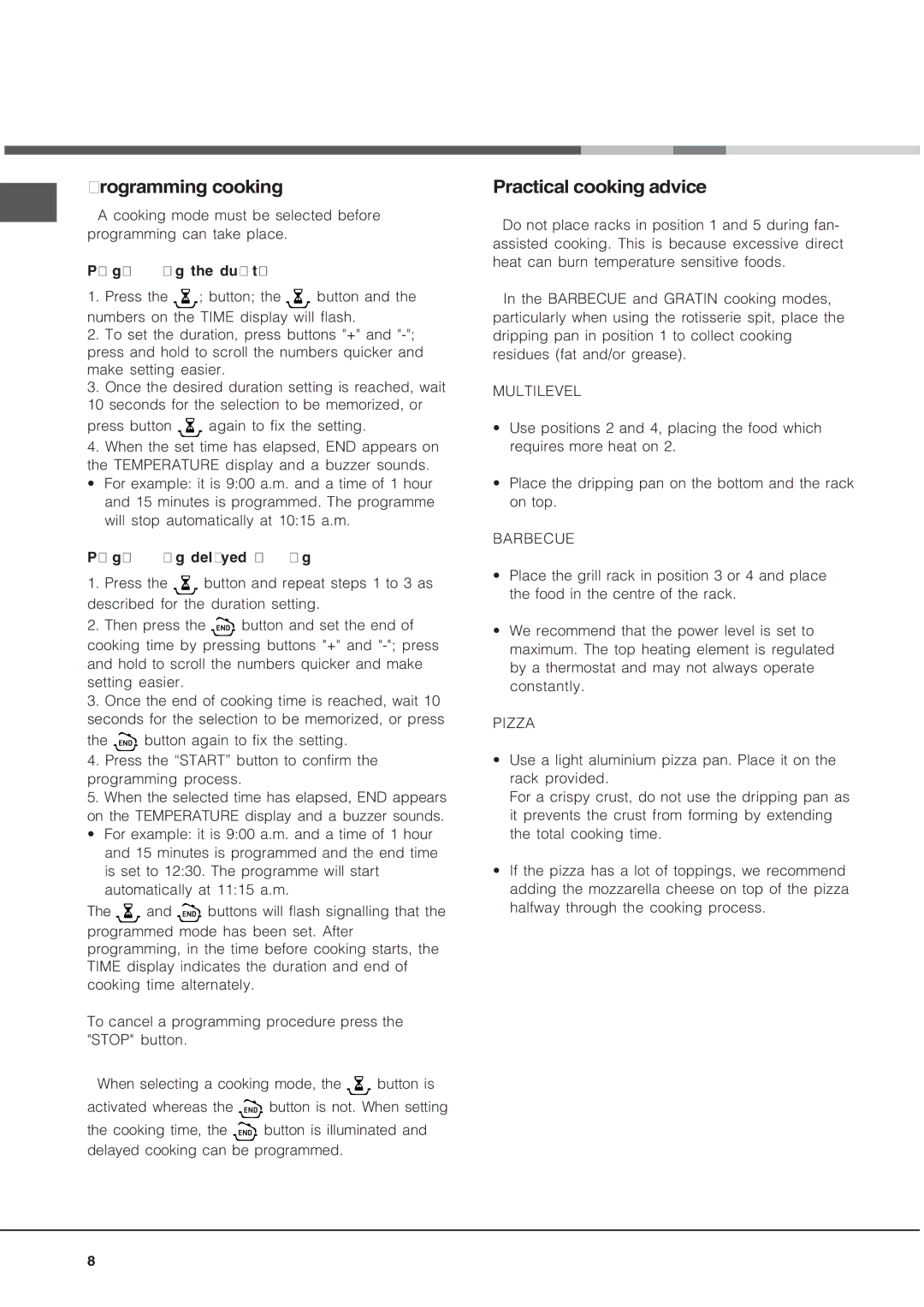 Hotpoint SQ103PGI, SE103PGX manual Programming cooking, Practical cooking advice 