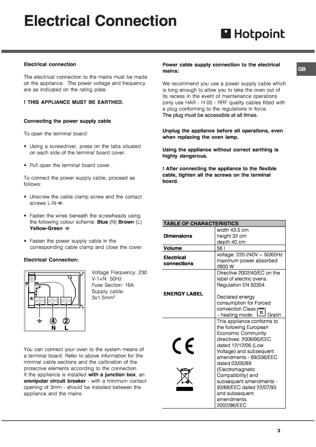 Hotpoint SE103PGX, SQ103PGI manual Electrical Connection, 4 2 N L, The plug must be accessible at all times 