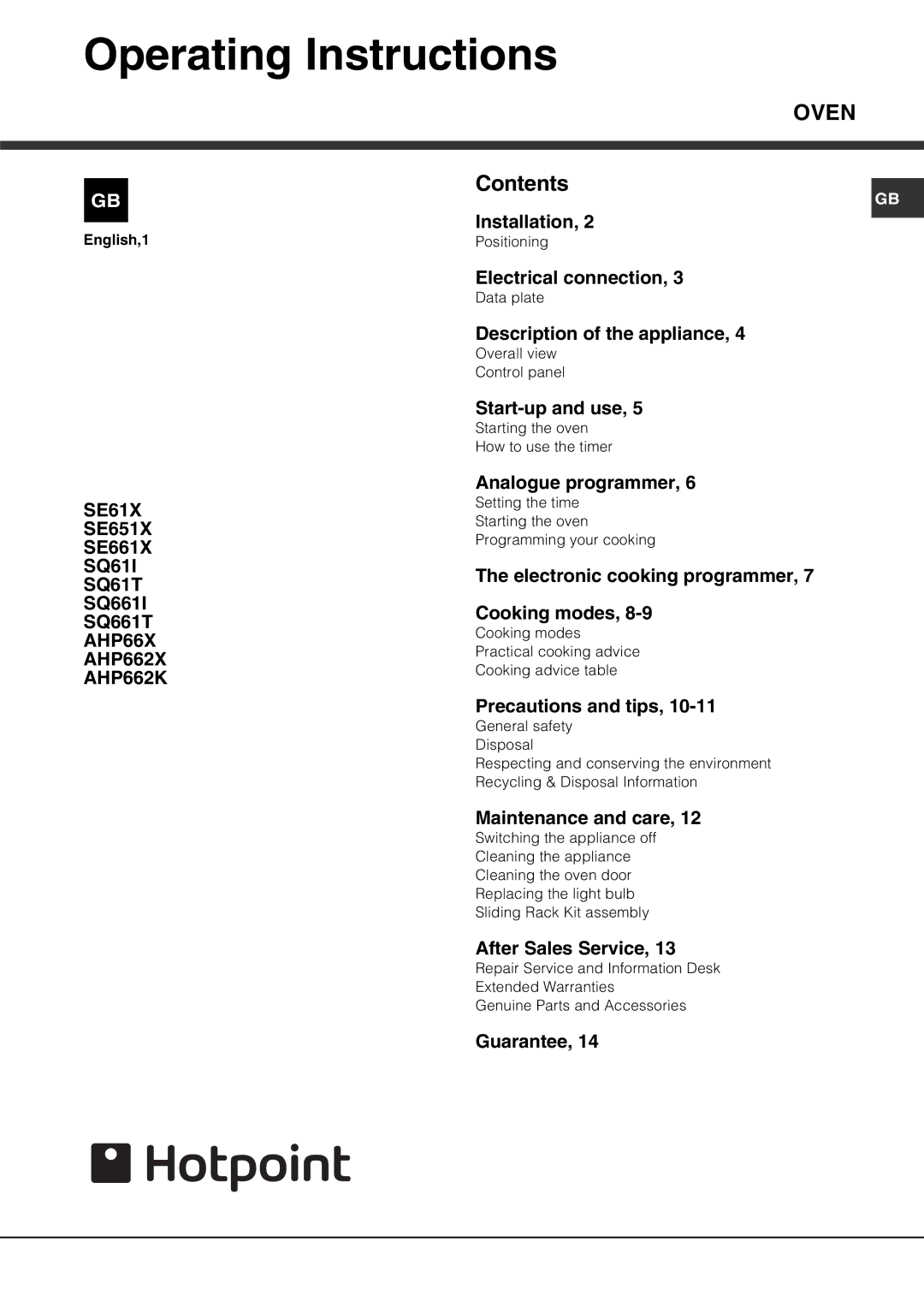 Hotpoint SQ61I manual Operating Instructions, Oven 