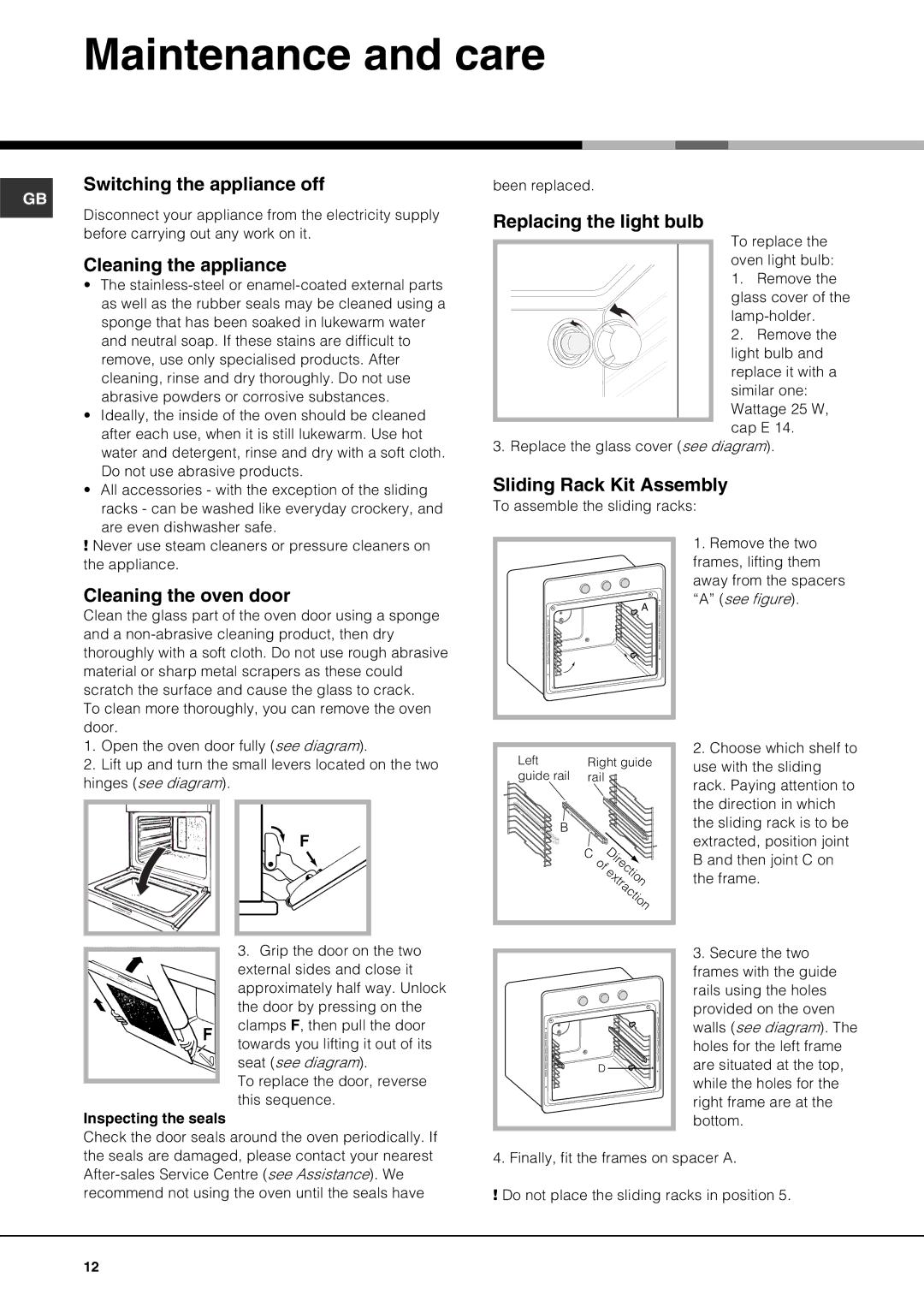 Hotpoint SQ61I manual Maintenance and care 