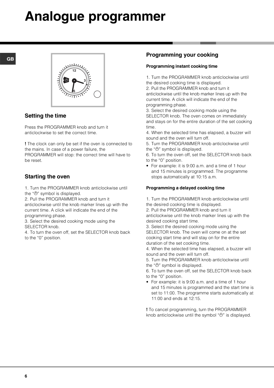 Hotpoint SQ61I manual Analogue programmer, Setting the time, Programming your cooking 