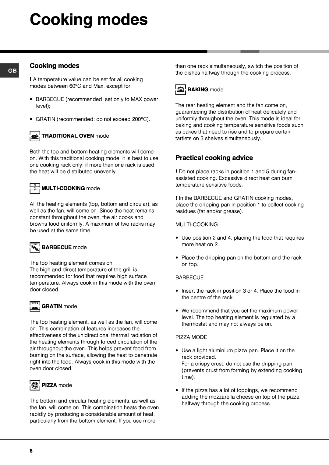 Hotpoint SQ61I manual Cooking modes, Practical cooking advice 
