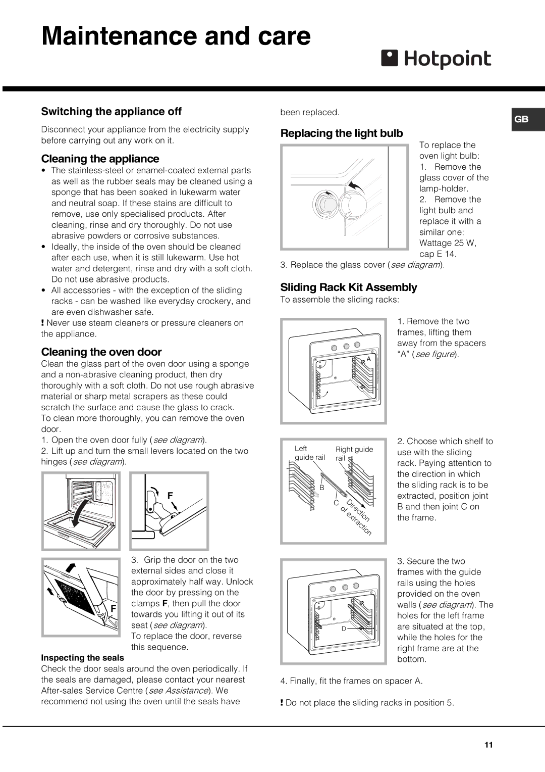 Hotpoint SE661X/1, SQ661I/1, AHP66X/1, AHP662K/1, AHP662X/1 manual Maintenance and care 