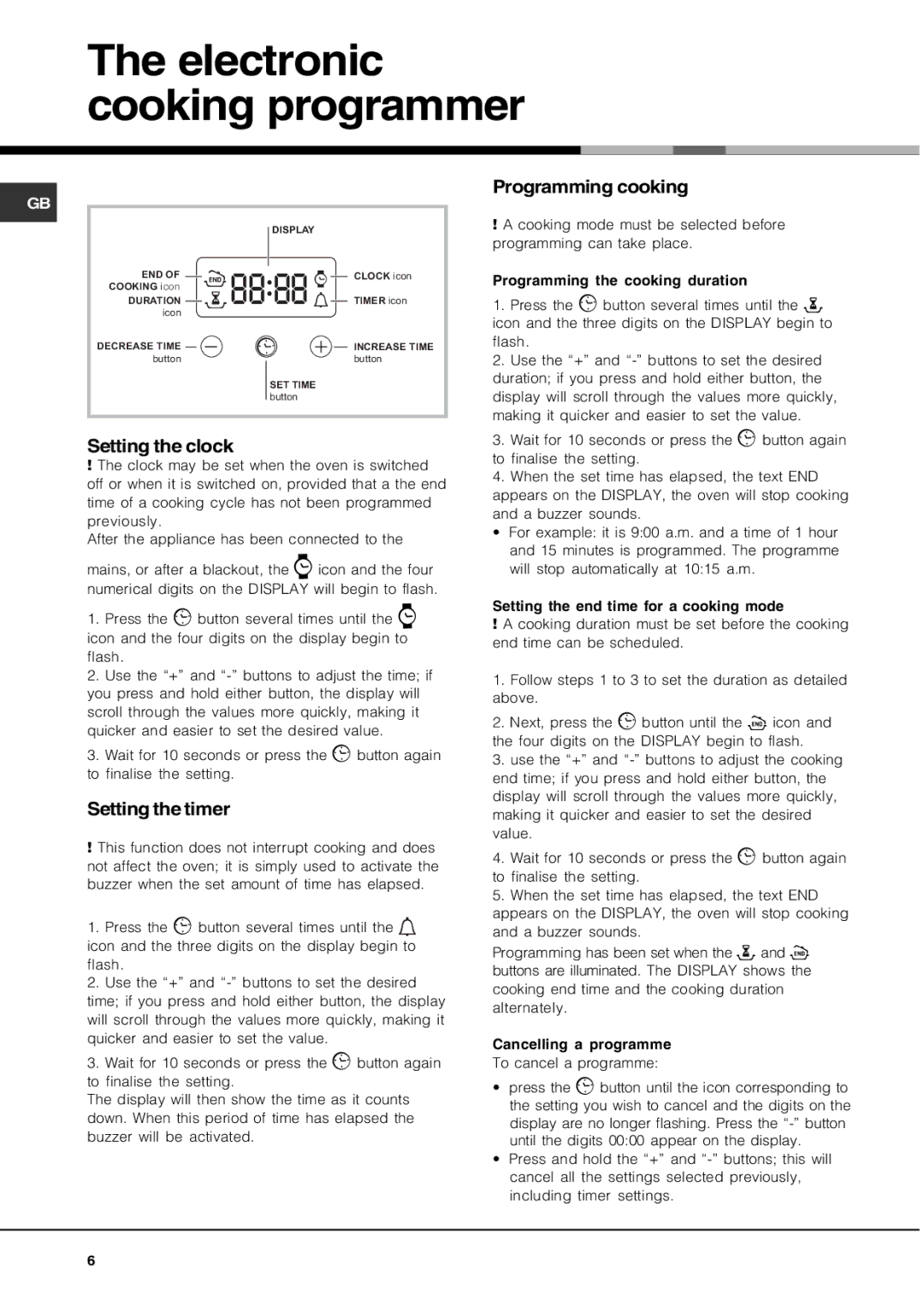 Hotpoint SE661X/1, SQ661I/1 manual Electronic cooking programmer, Setting the clock, Setting the timer, Programming cooking 