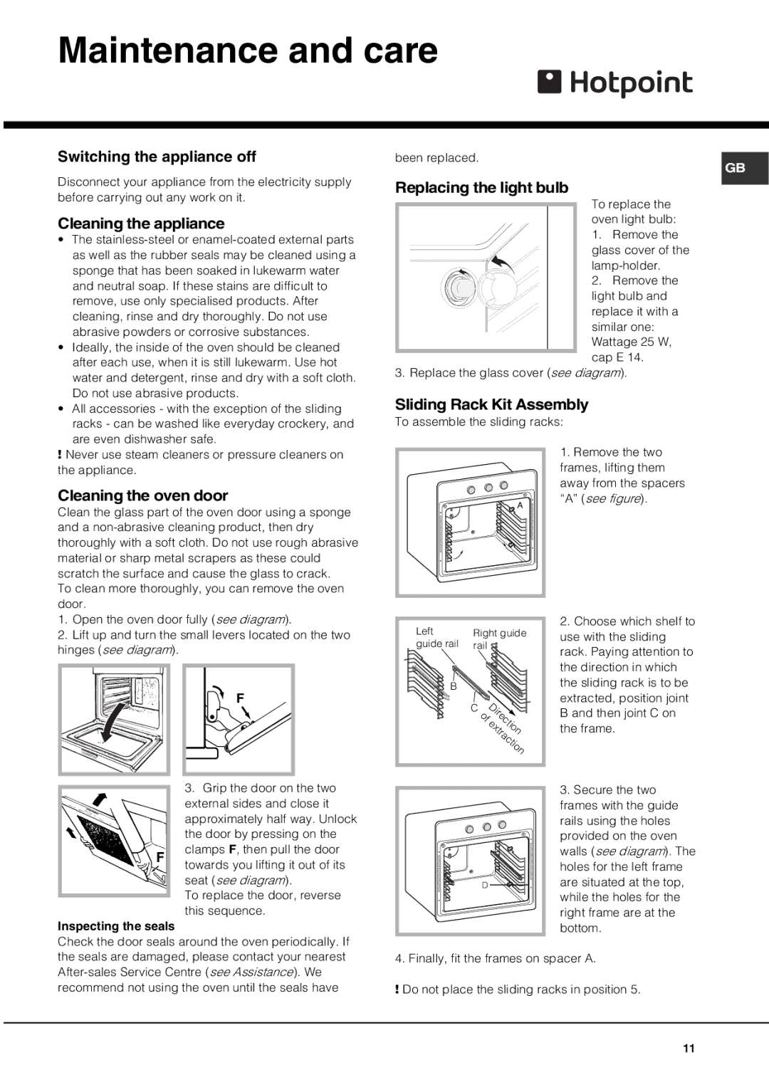 Hotpoint AHP662X/1, SQ661I/1, SE661X/1, SE662K/1, AHP66X/1, AHP662K/1 operating instructions Maintenance and care 