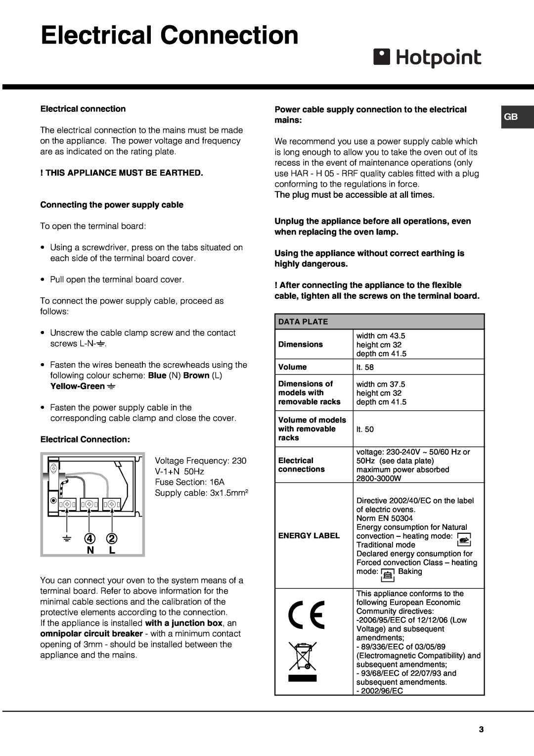 Hotpoint AHP66X/1, SQ661I/1, SE661X/1, SE662K/1, AHP662K/1, AHP662X/1 operating instructions Electrical Connection, 4 2 N L 