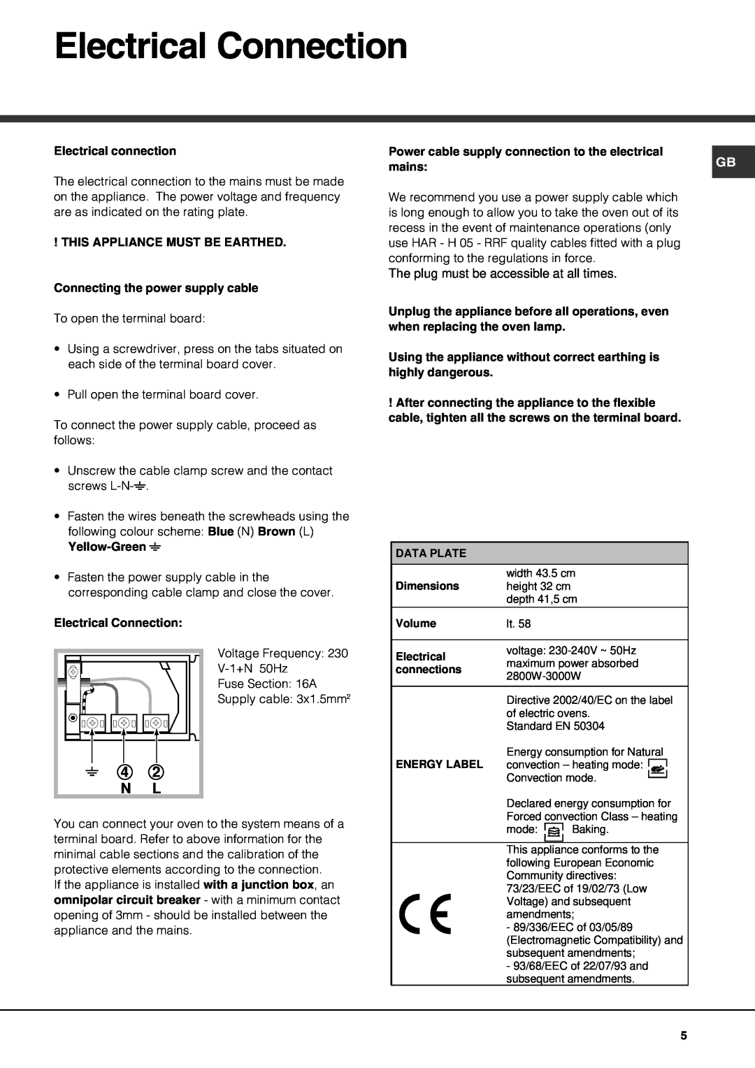 Hotpoint SQ872T - SE872X manual Electrical Connection, 4 2 N L 