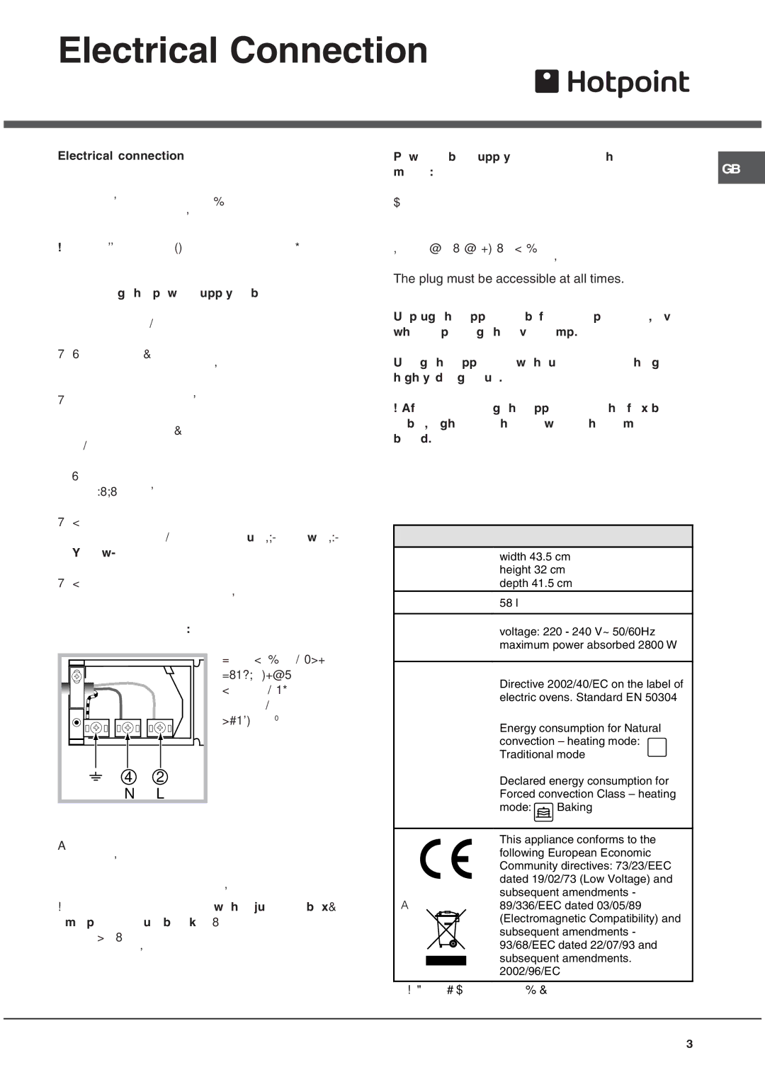 Hotpoint SQ892I manual Electrical Connection, This Appliance Must be Earthed 