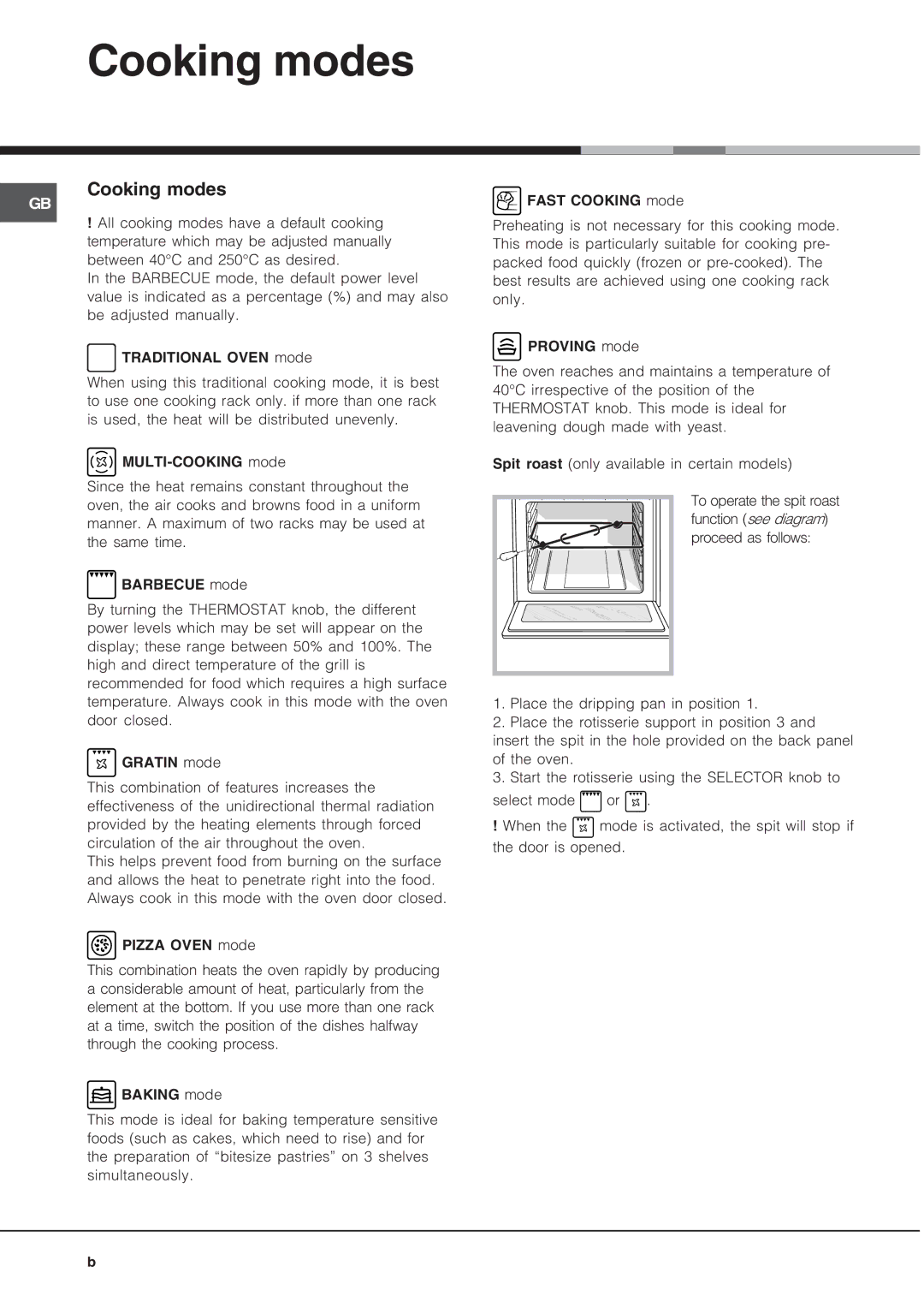 Hotpoint SQ892I manual Cooking modes 