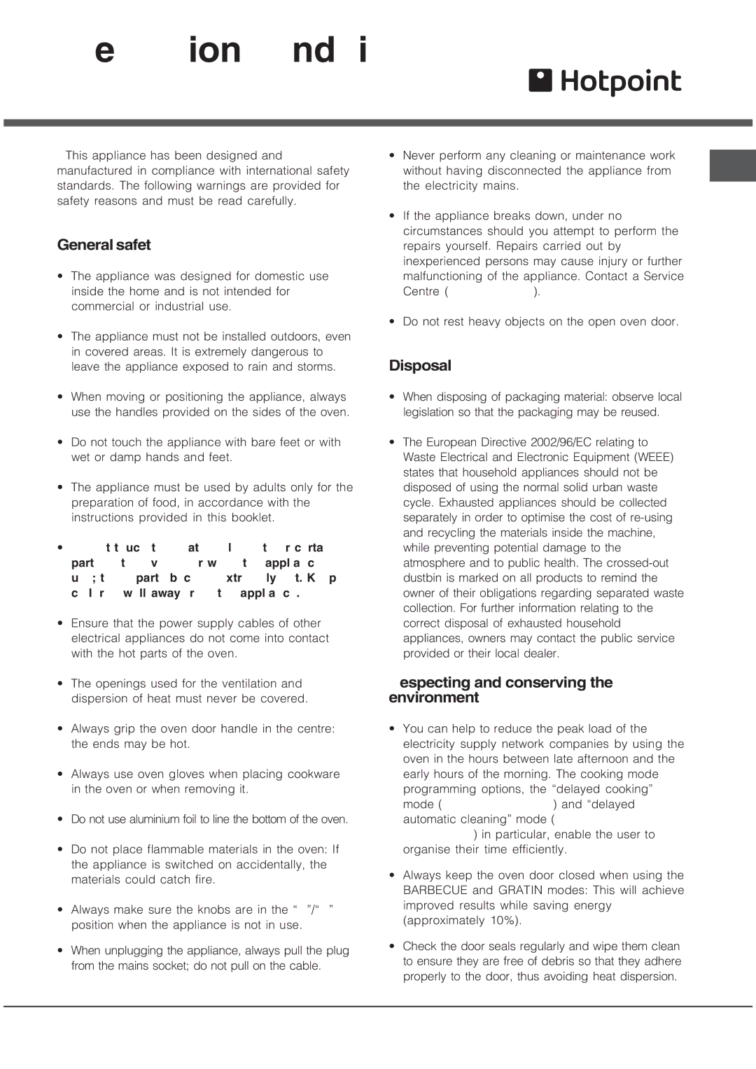 Hotpoint SQ892I manual Precautions and tips, General safety, Disposal, Respecting and conserving the environment 