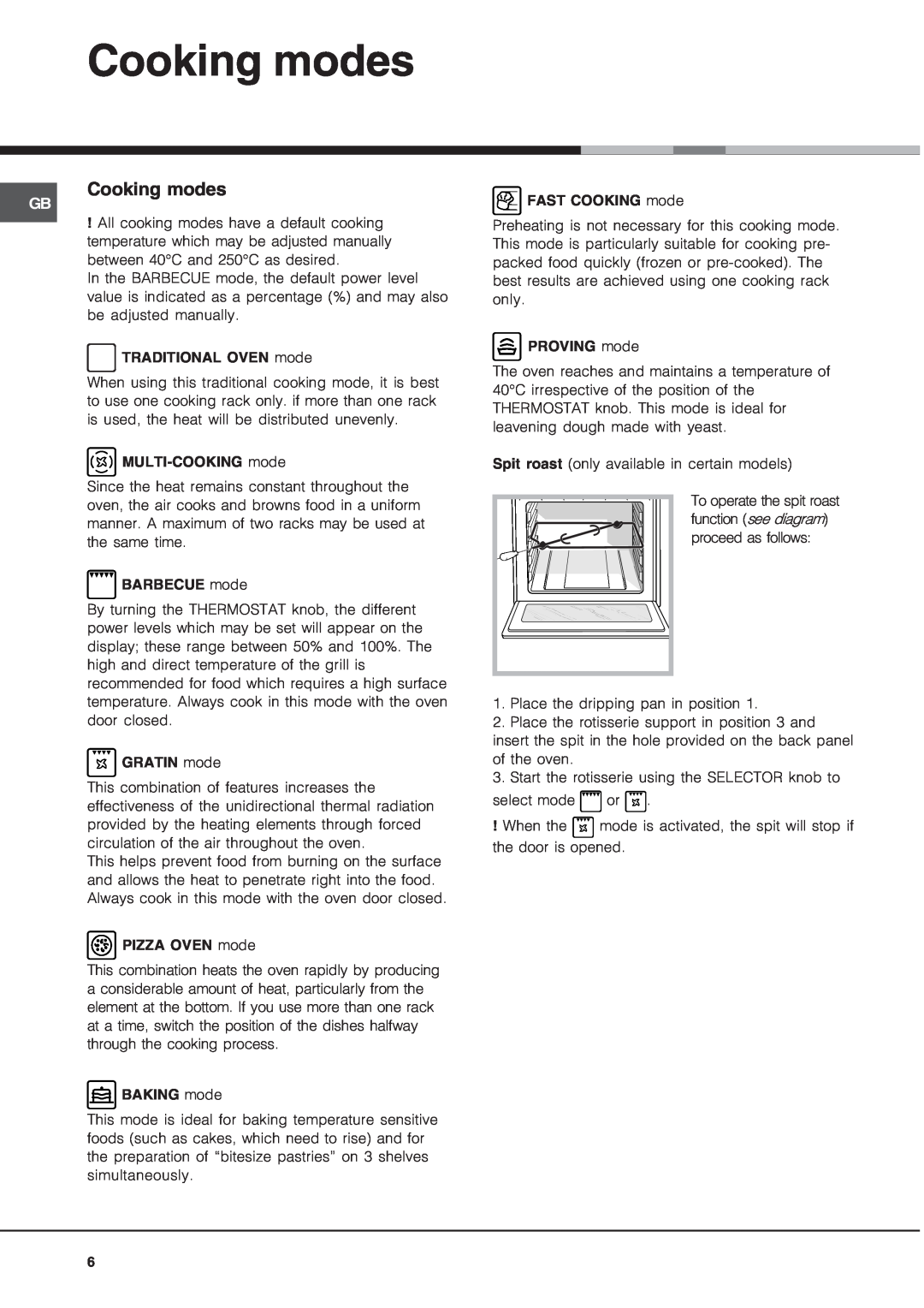 Hotpoint SQ892I manual Cooking modes 