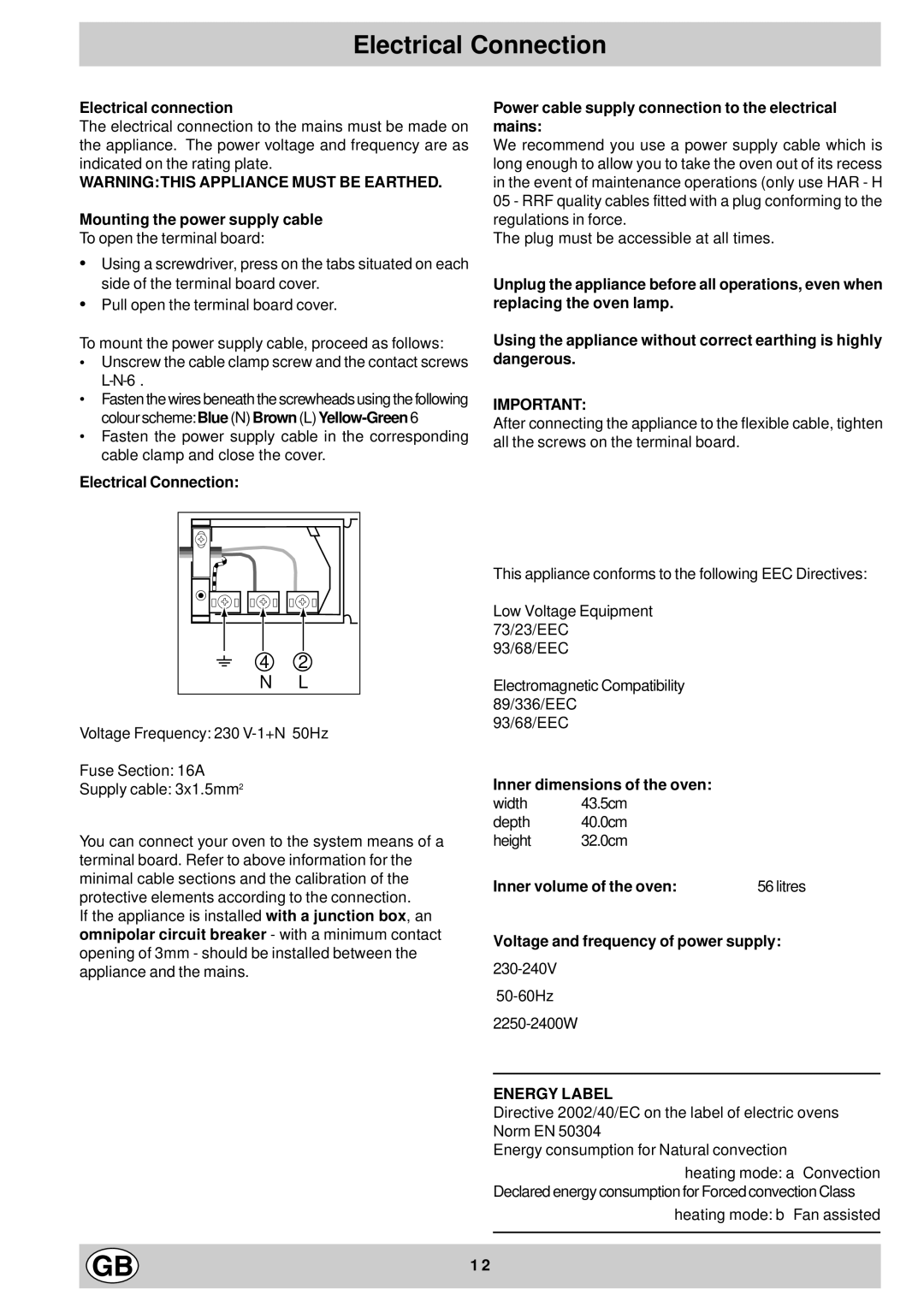 Hotpoint ST55X - ST52 manual Electrical Connection, N L 