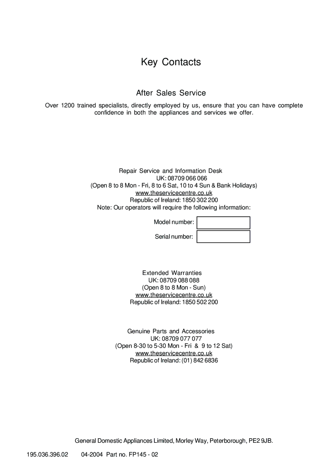 Hotpoint ST55X - ST52 manual Repair Service and Information Desk, Genuine Parts and Accessories 