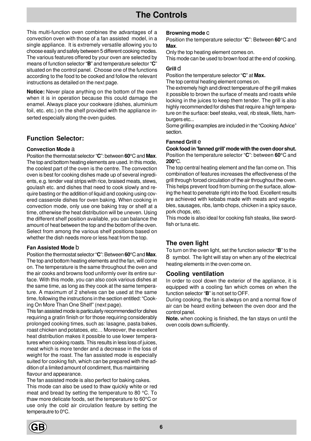 Hotpoint ST55X - ST52 manual Controls, Convection Mode a, Fan Assisted Mode b, Browning mode c, Grill d 