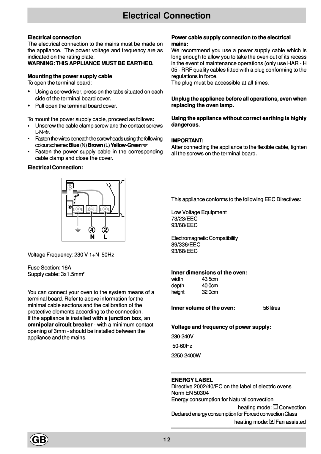 Hotpoint ST55X - ST52 Electrical Connection, 4 2 N L, Electrical connection, Inner dimensions of the oven, Energy Label 