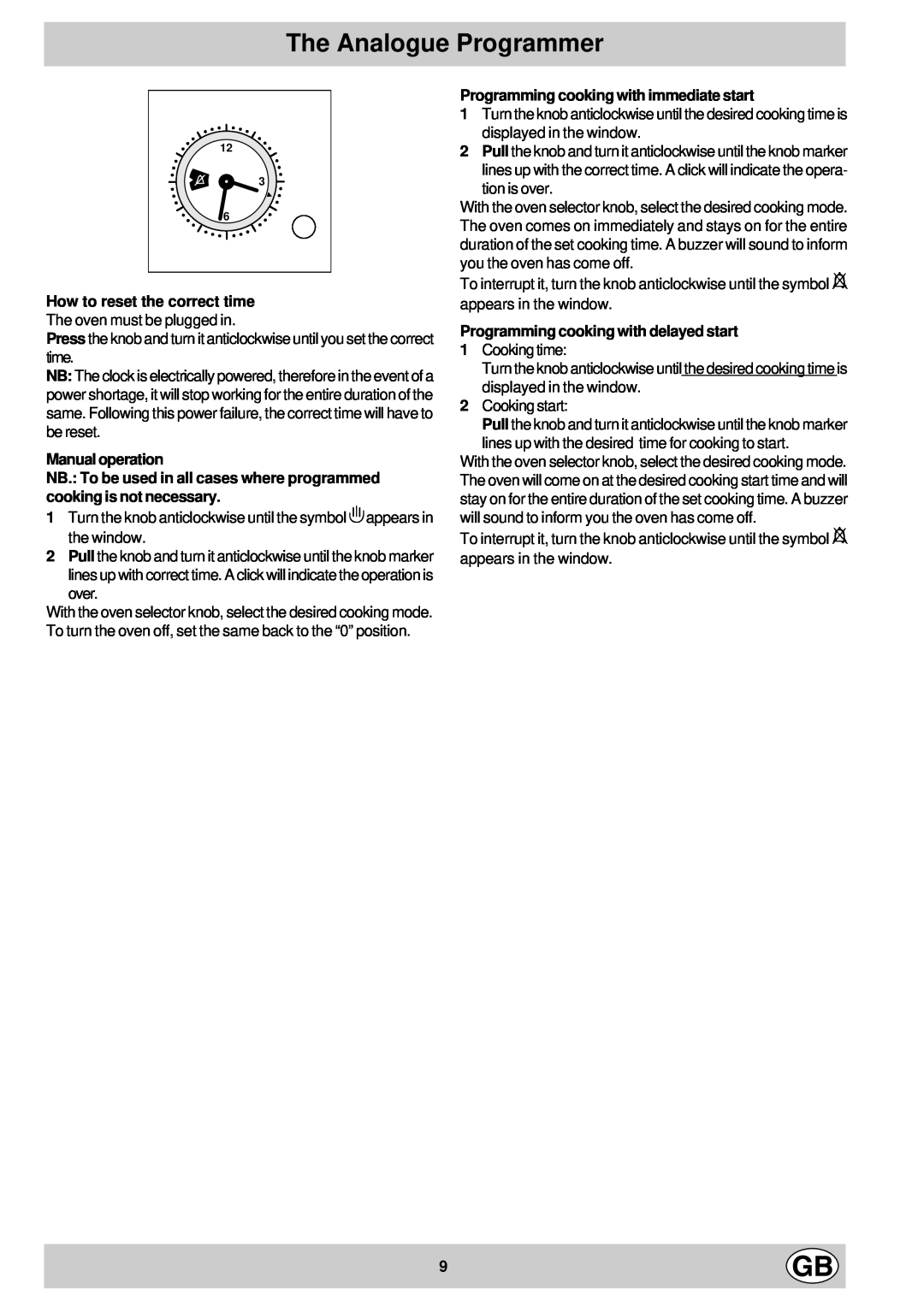 Hotpoint ST55X - ST52 manual The Analogue Programmer, How to reset the correct time, Manual operation 