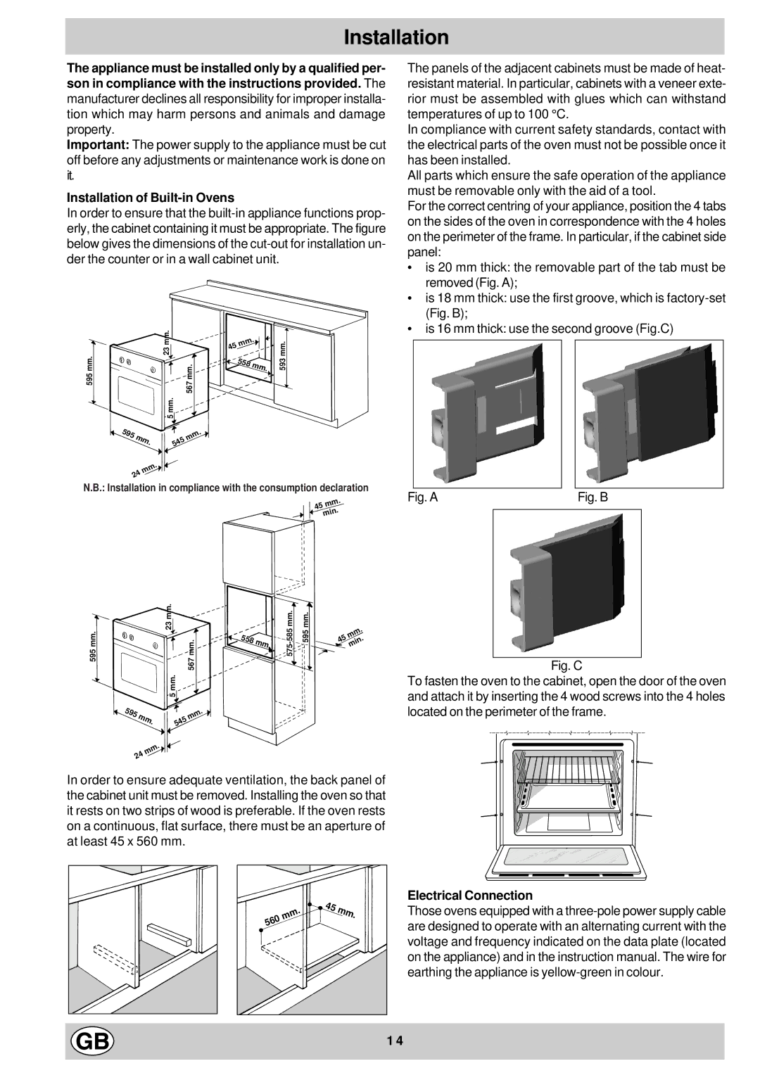 Hotpoint ST87X manual Installation of Built-in Ovens, Electrical Connection 