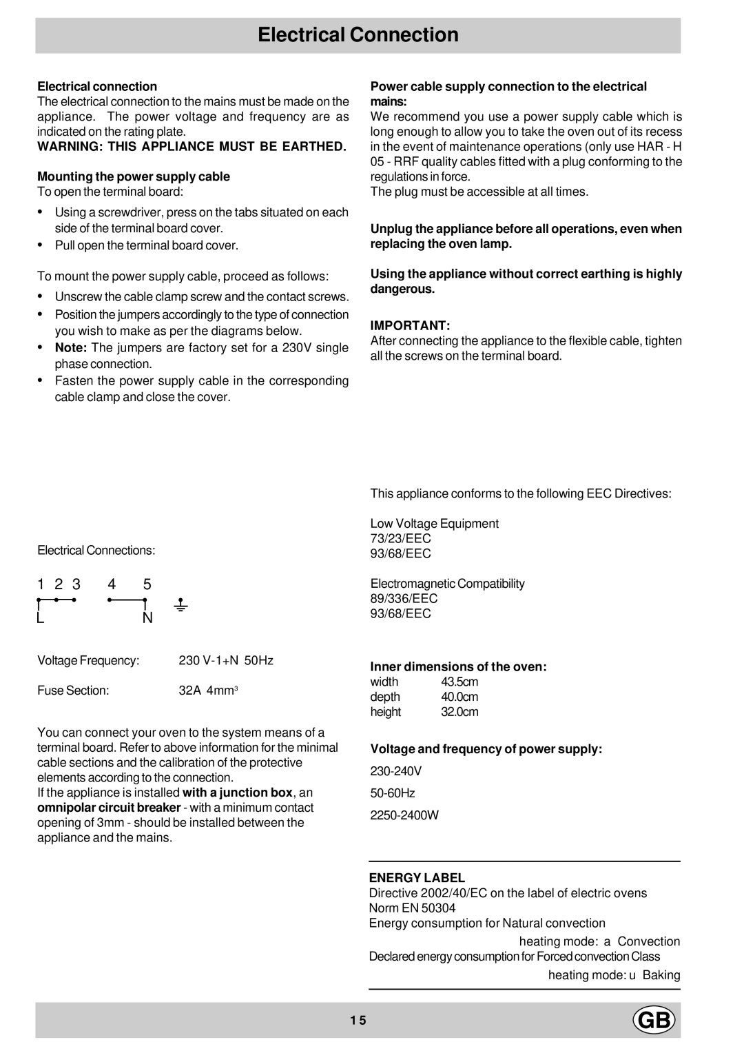 Hotpoint ST87X manual Electrical Connection, Mounting the power supply cable, Inner dimensions of the oven 