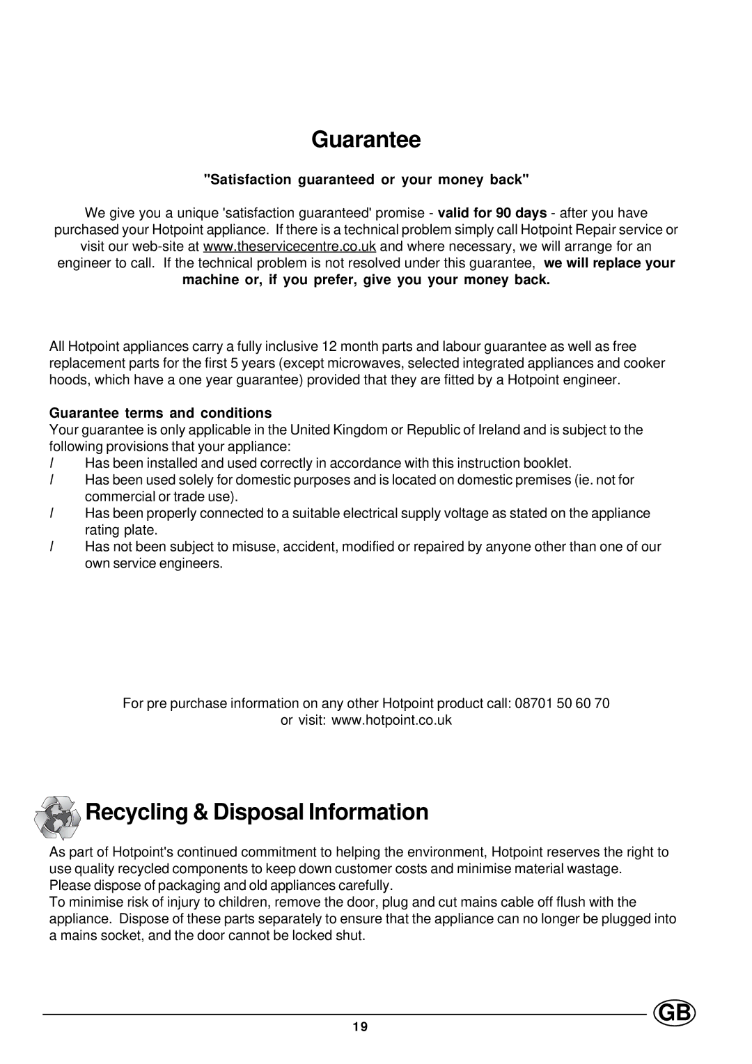 Hotpoint ST87X manual Guarantee, Recycling & Disposal Information 