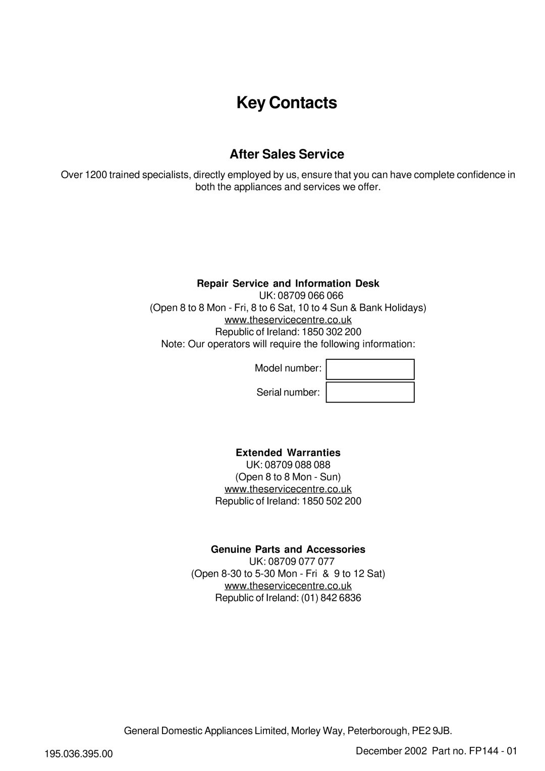 Hotpoint ST87X manual Key Contacts, After Sales Service 