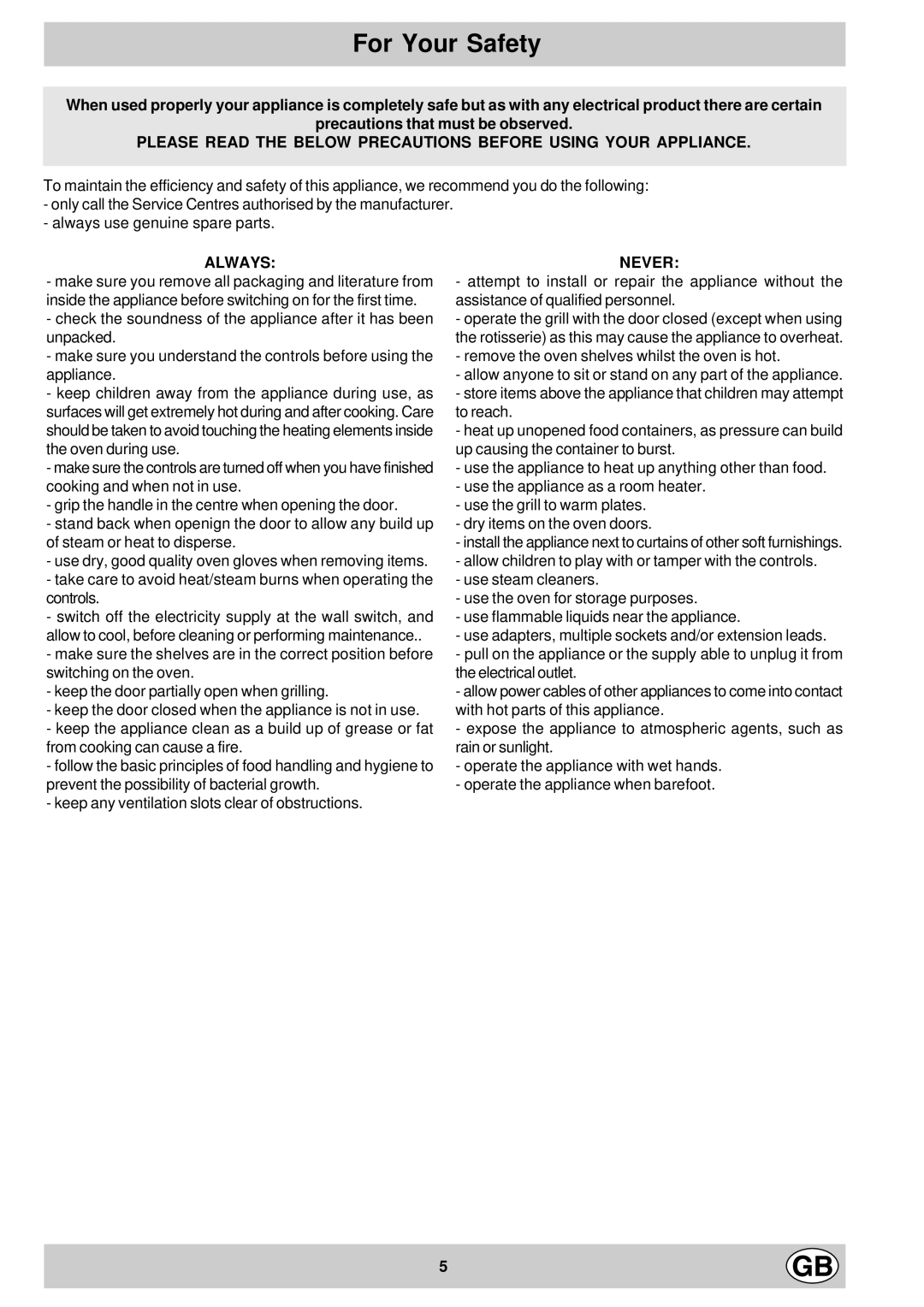 Hotpoint ST87X manual For Your Safety, Always 