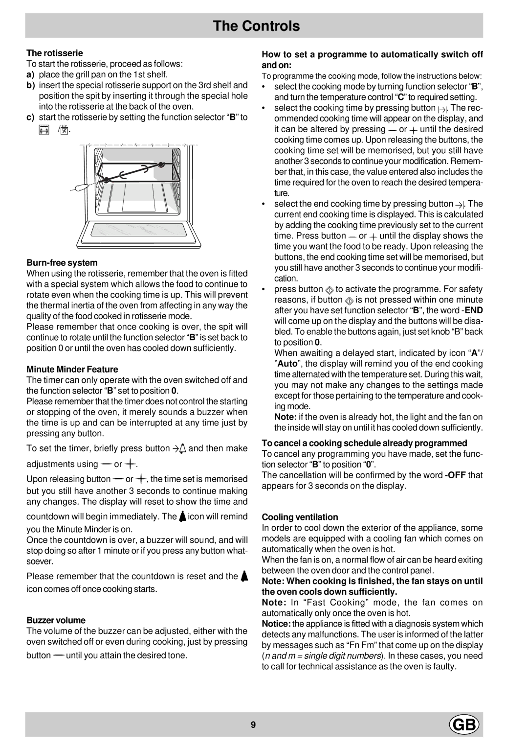 Hotpoint ST87X manual Rotisserie, Burn-free system, Minute Minder Feature, Buzzer volume, Cooling ventilation 