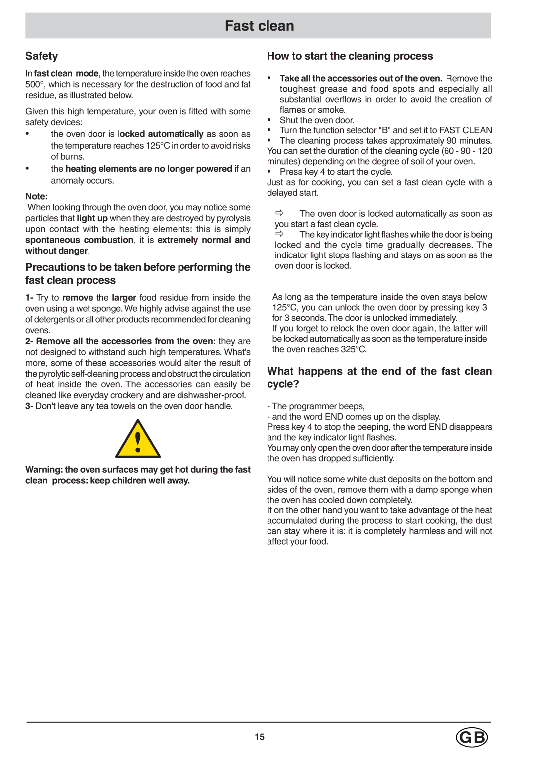 Hotpoint ST98, SC98, SD98 manual Fast clean, Heating elements are no longer powered if an anomaly occurs 