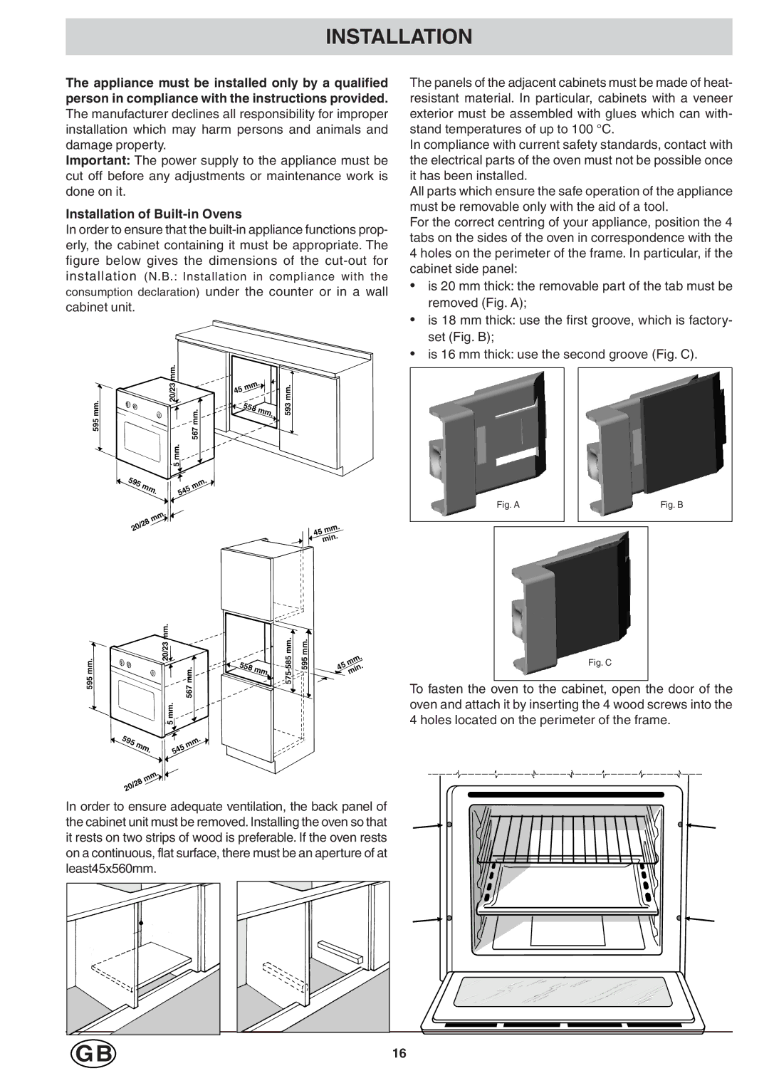 Hotpoint SC98, ST98, SD98 manual Installation of Built-in Ovens 