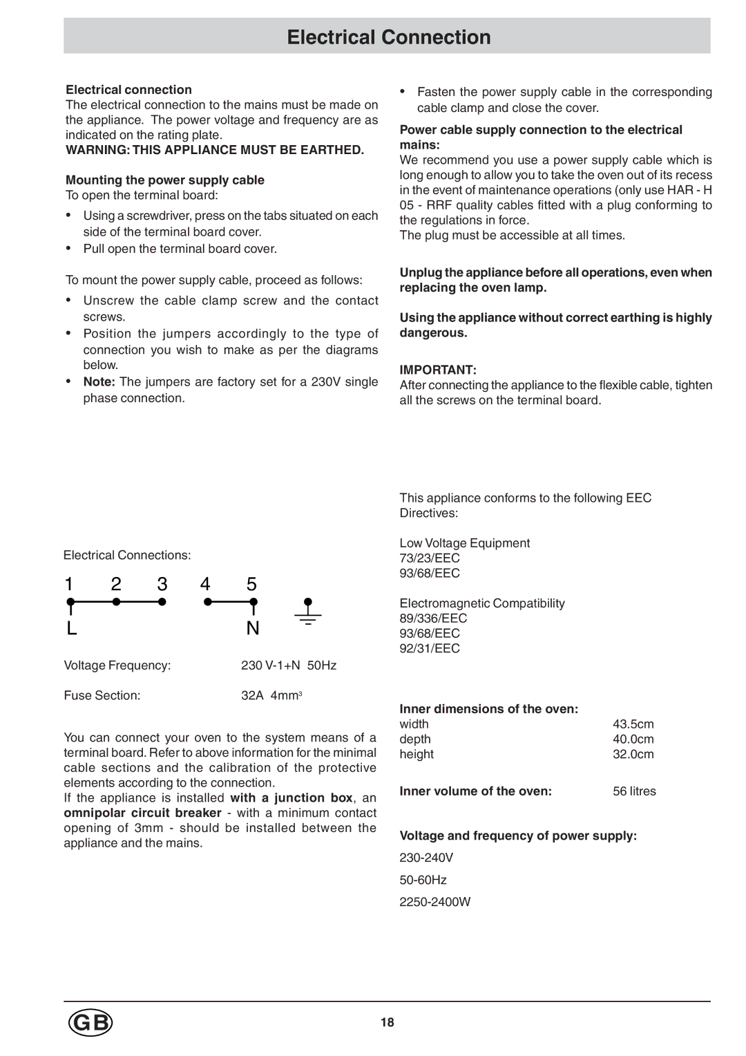 Hotpoint ST98, SC98, SD98 manual Electrical Connection 