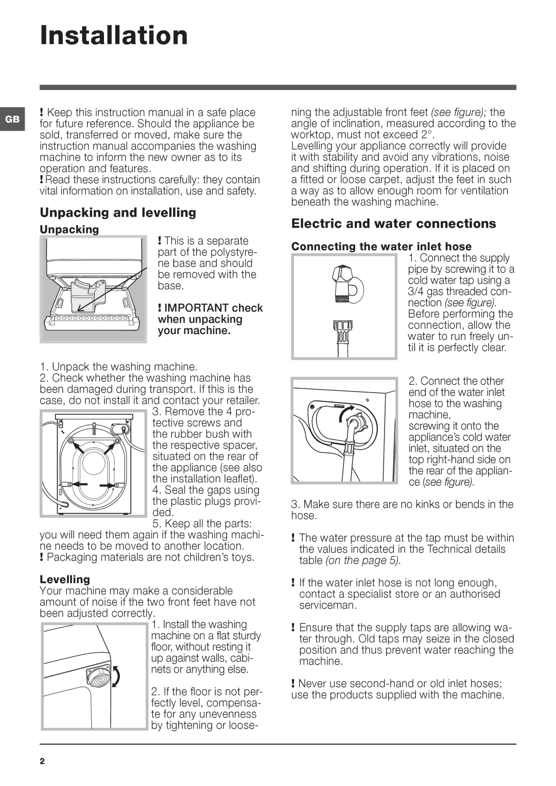 Hotpoint SWMD 10637 manual Installation, Unpacking and levelling, Electric and water connections 