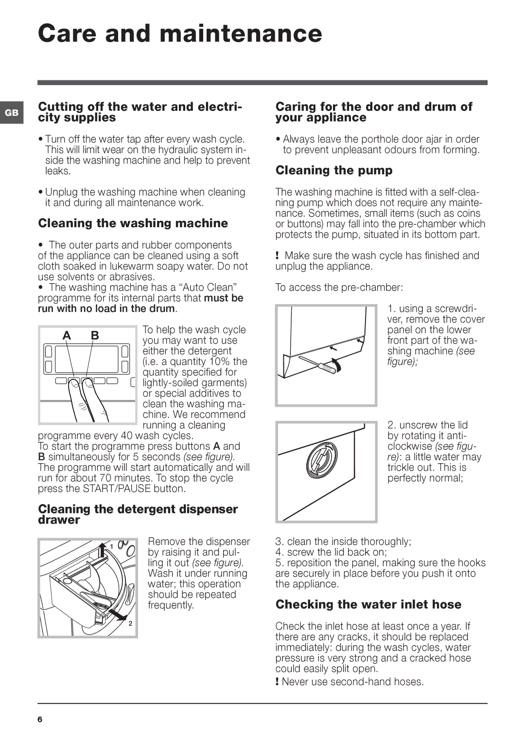 Hotpoint SWMD 10637 manual Care and maintenance 