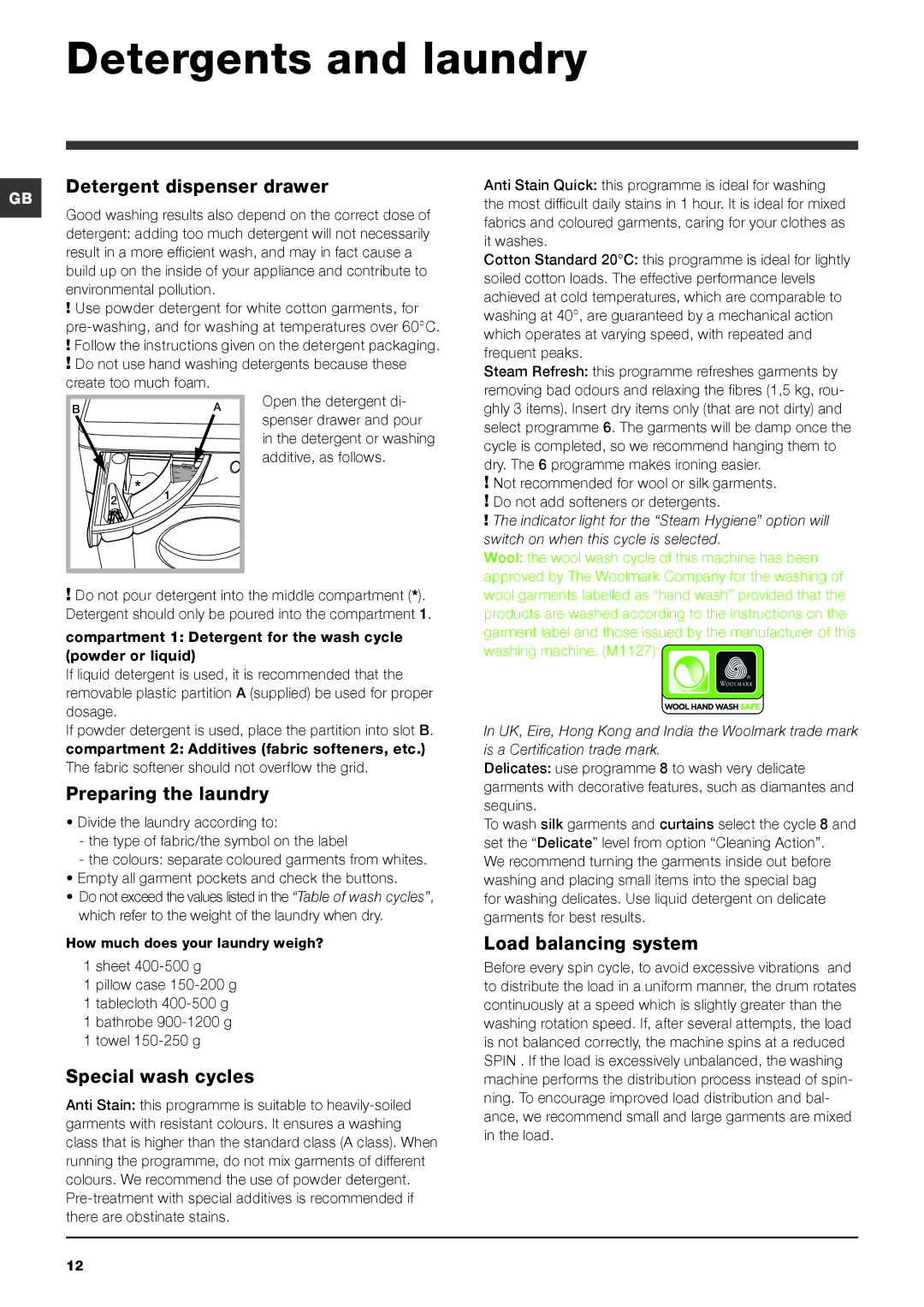 Hotpoint SWMD 9437 manual Detergents and laundry, Detergent dispenser drawer, Preparing the laundry, Special wash cycles 