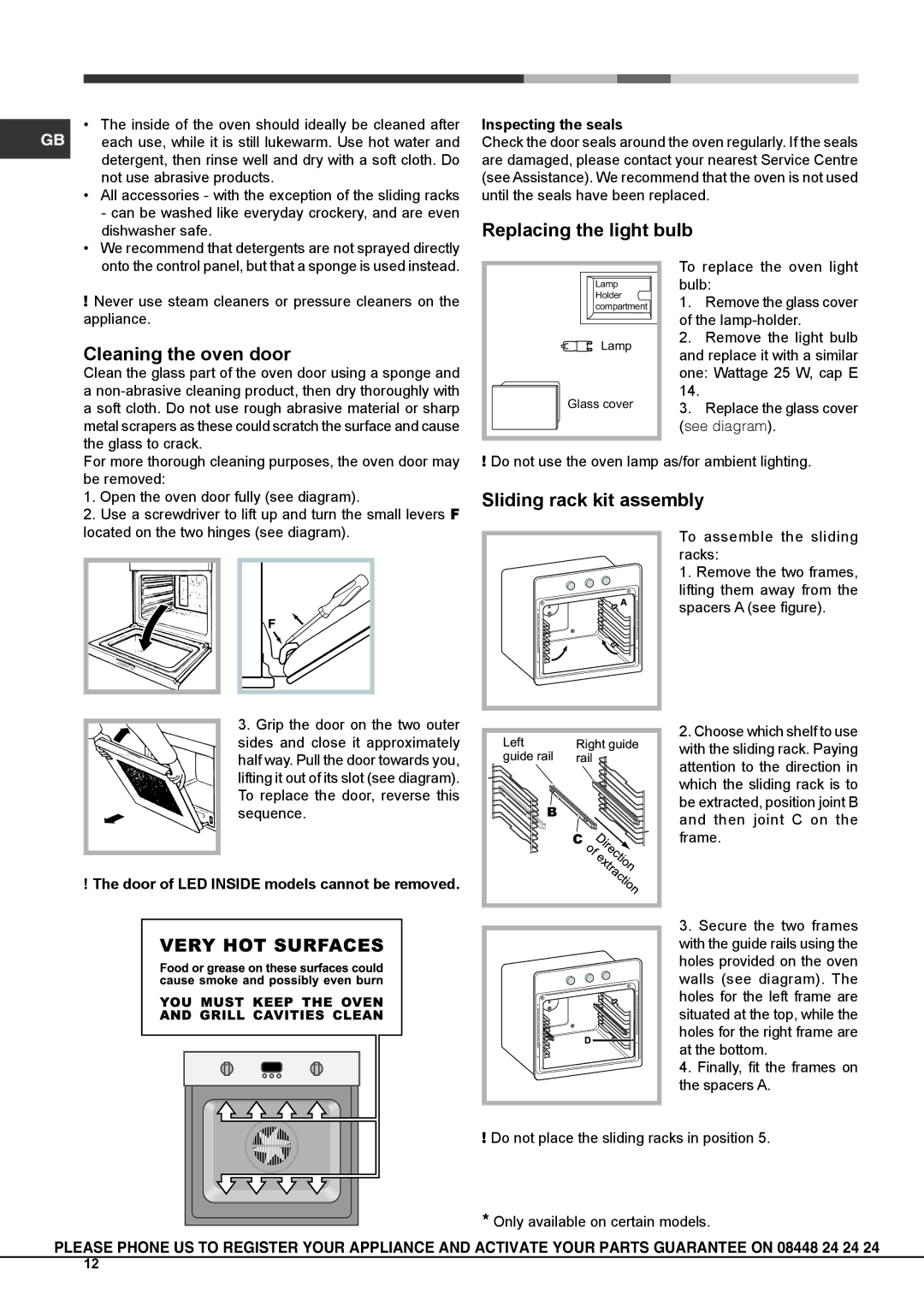 Hotpoint SX 1038L PX S Replacing the light bulb, Cleaning the oven door, Sliding rack kit assembly, Inspecting the seals 