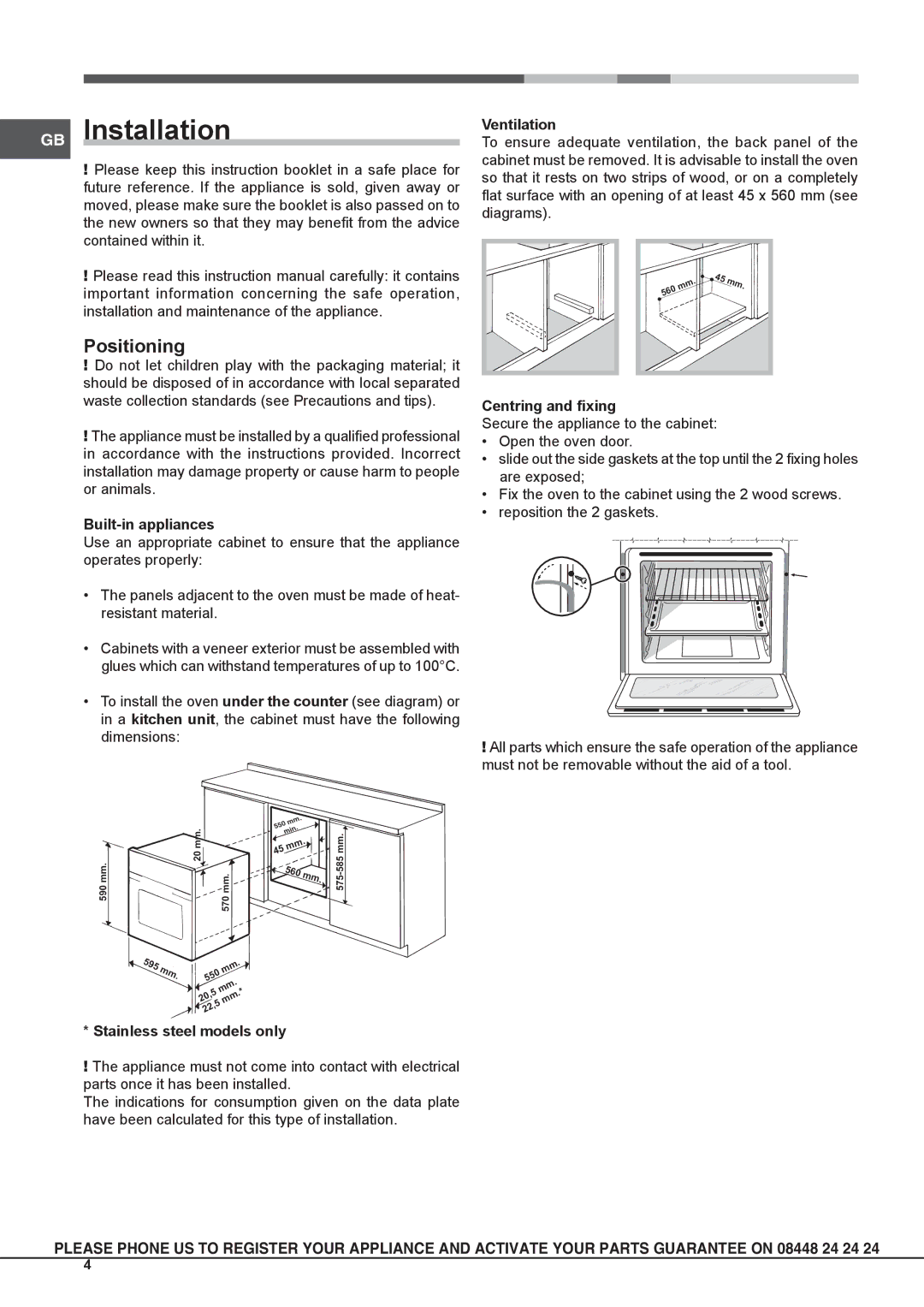 Hotpoint SX 1038L PX S, SX 1038L P S manual GB Installation, Positioning, Built-in appliances, Ventilation 