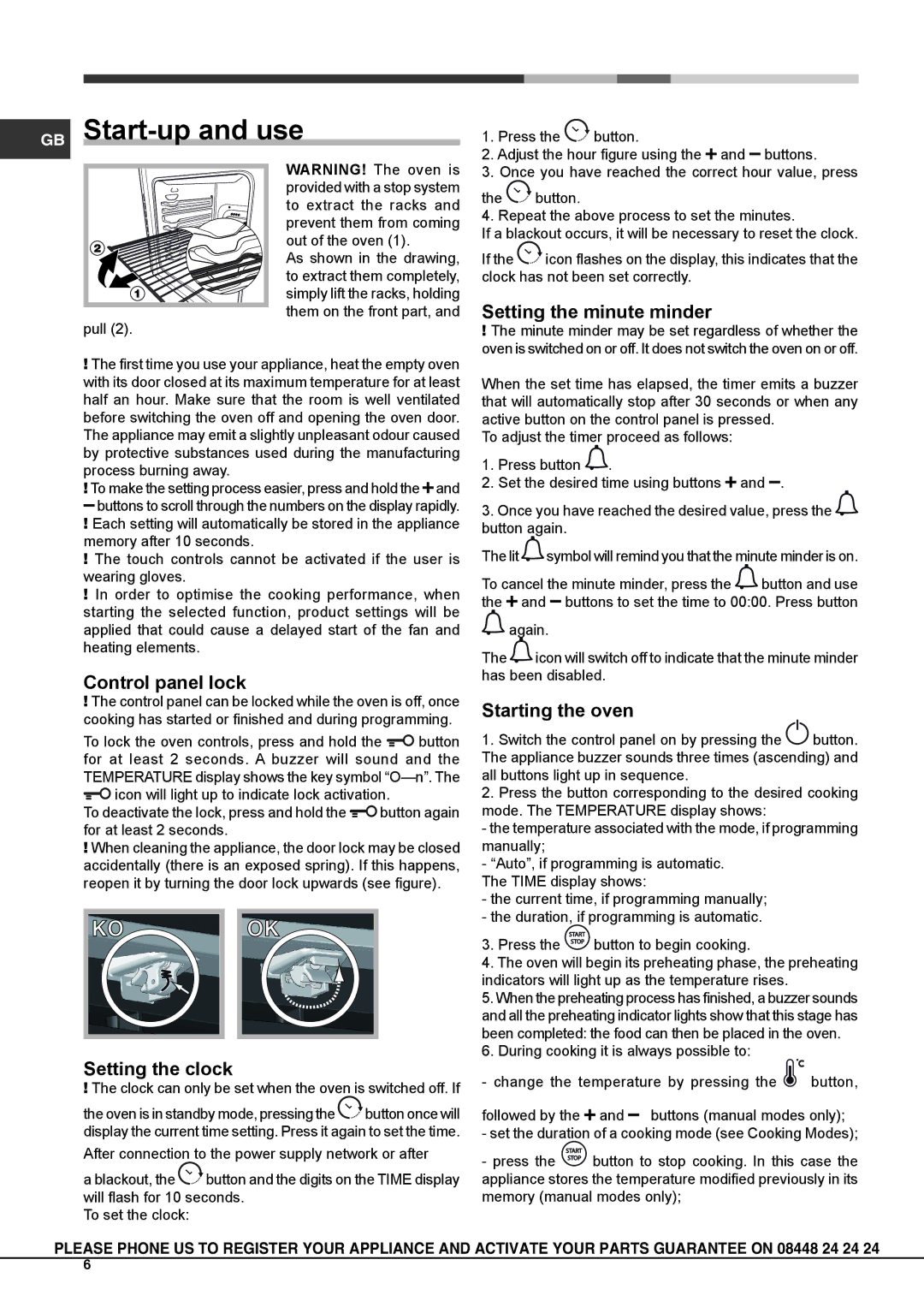 Hotpoint SX 1038L PX S, SX 1038L P S GB Start-up and use, Setting the minute minder, Control panel lock, Setting the clock 