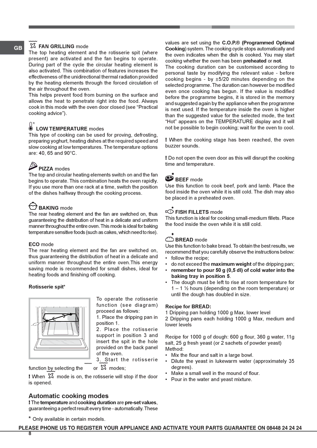 Hotpoint SX 1038L PX S, SX 1038L P S manual Automatic cooking modes 